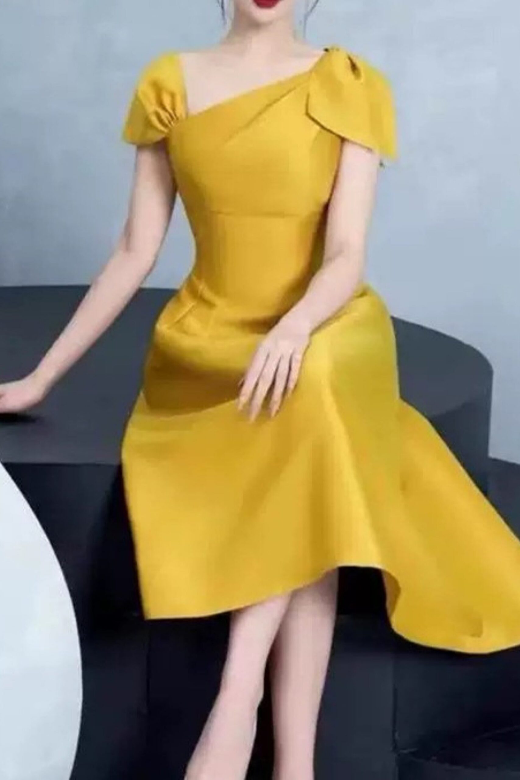YELLOW ASYMMETRIC DRESS | OFF-SHOULDER PARTY MAXI