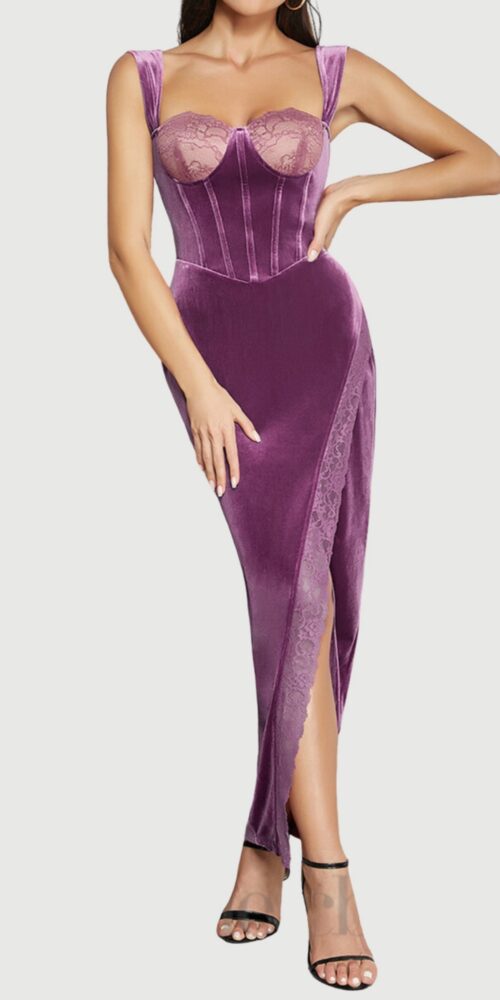 LACE CORSET MAXI VELVET DRESS PLUM