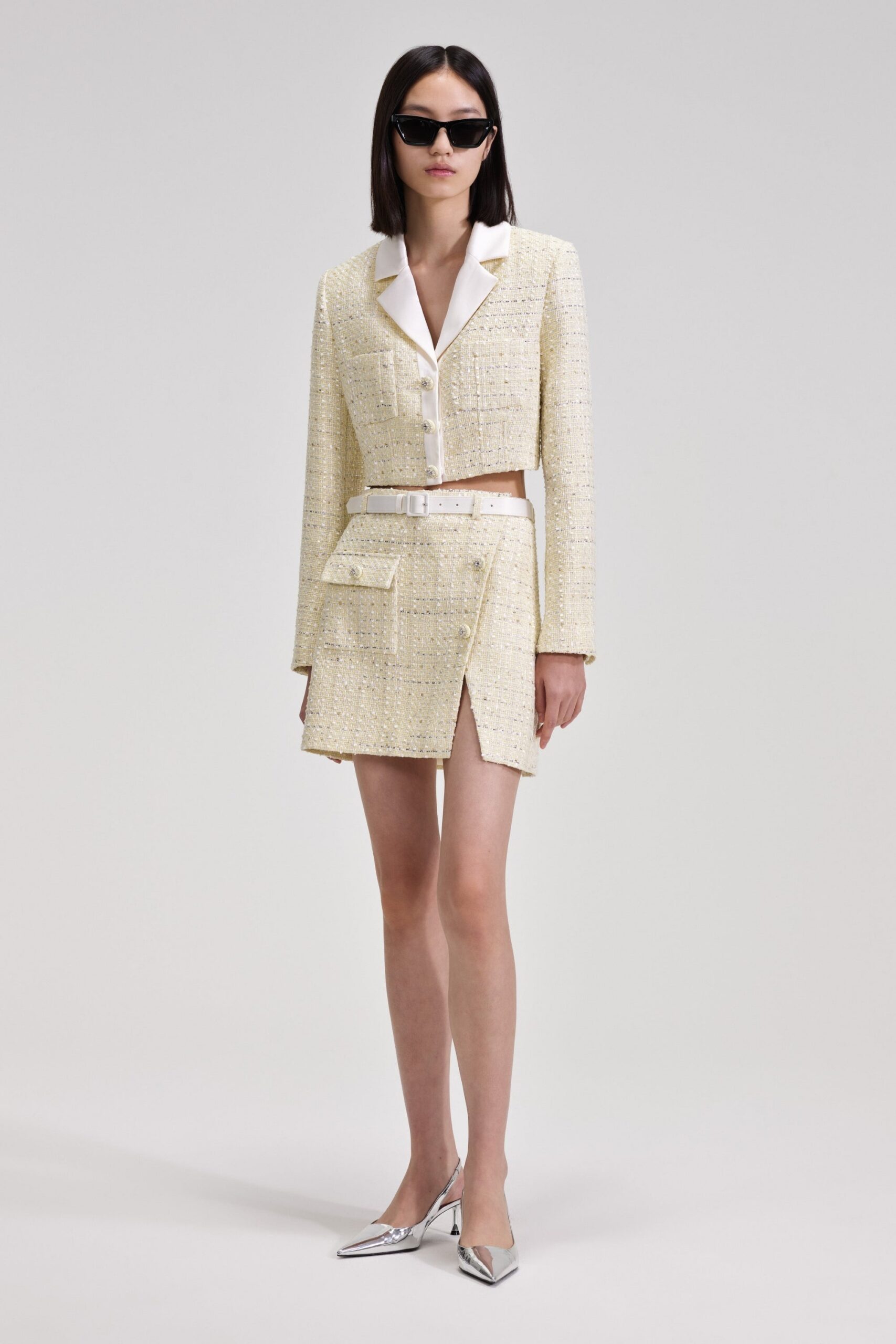 YELLOW TWEED SKIRT SET SHORT COAT & SKIRT