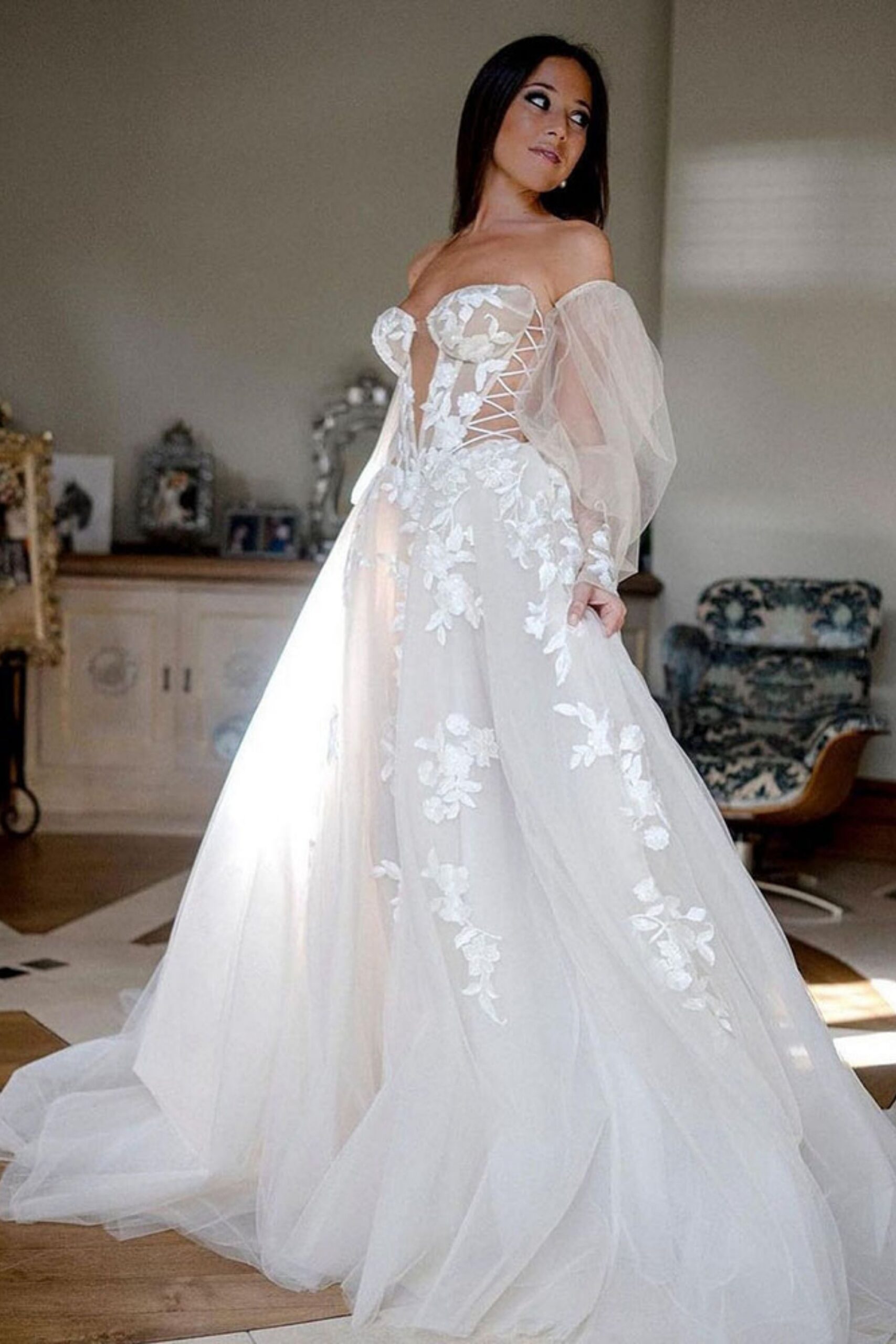 LIGHT CHAMPAGNE A-LINE LACE TULLE PROM GOWN