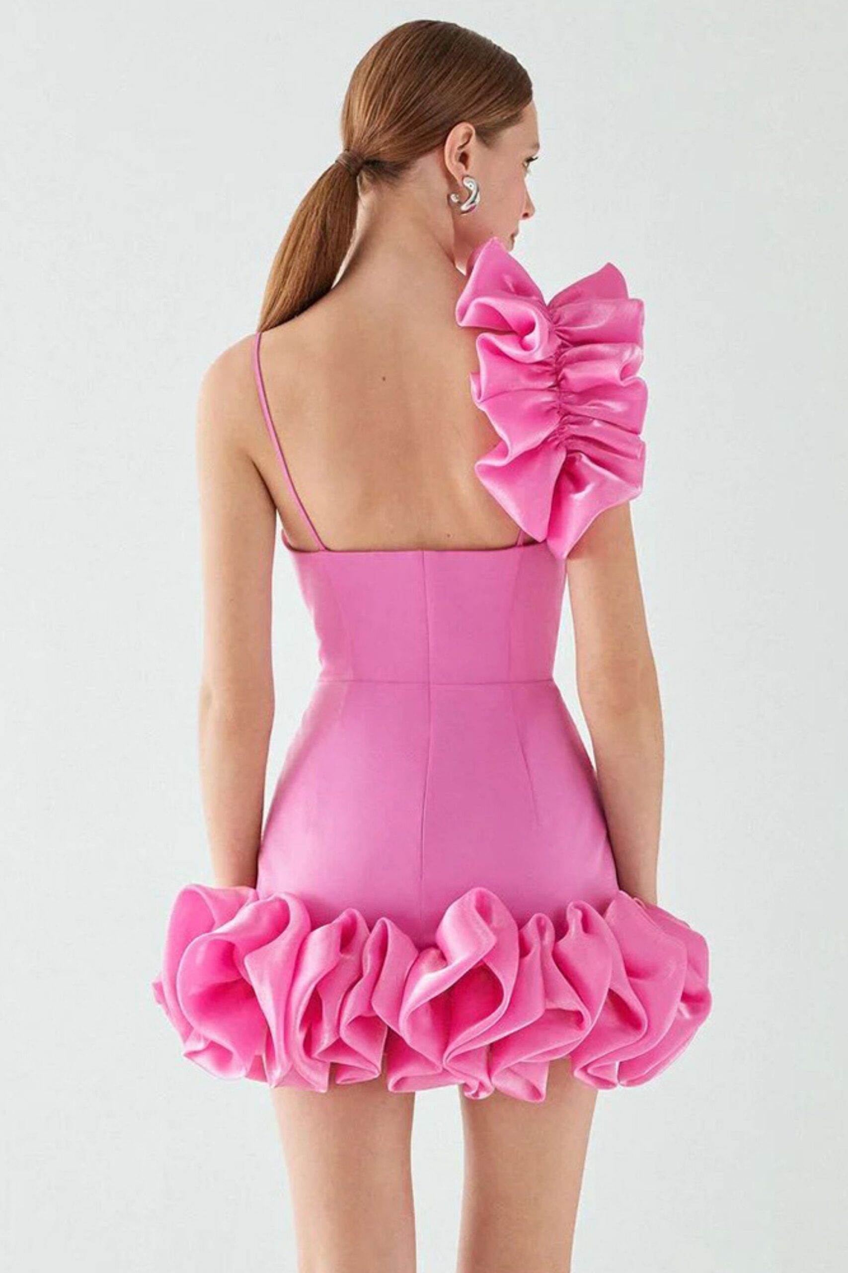 RUFFLE ONE SHOULDER PINK MINI DRESS FOR PARTY