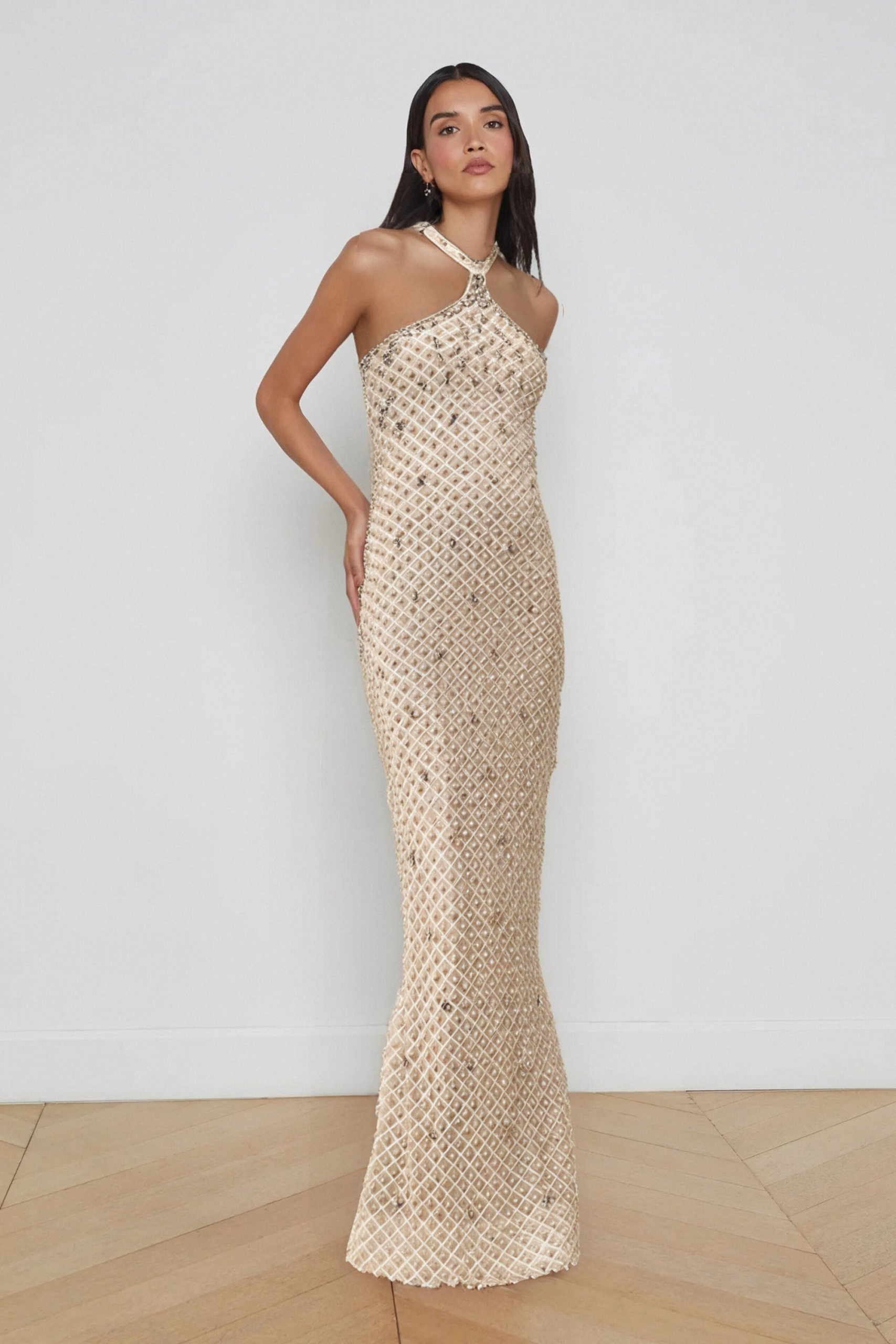 CLAUDINE WHITE EMBELLISHED HALTER MAXI DRESS