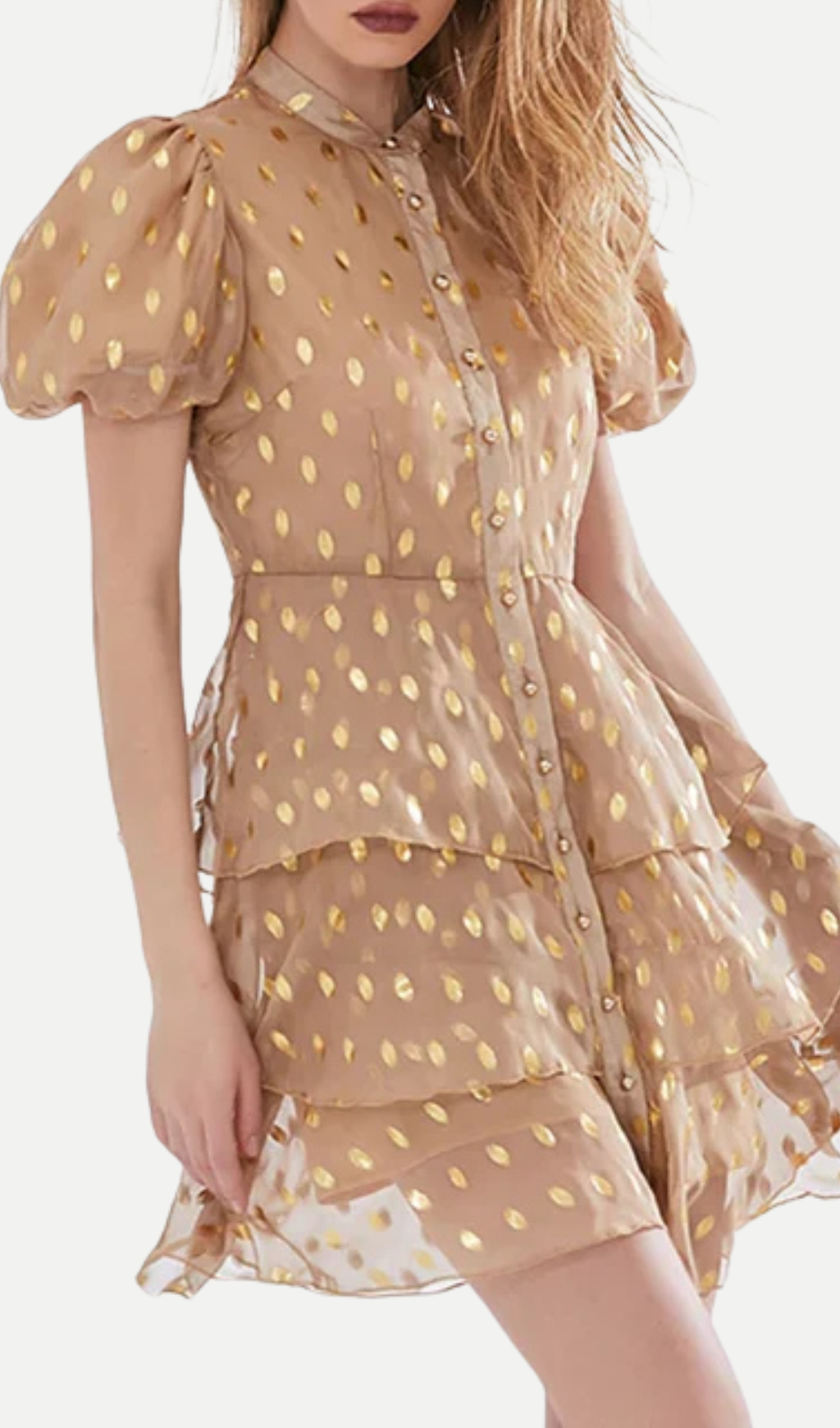 POLKA DOT LAYERED MINI DRESS, KHAKI, CASUAL