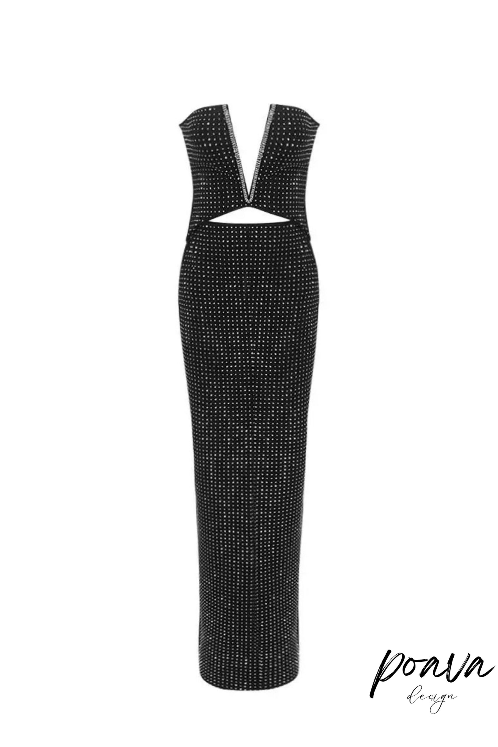 RHINESTONE BLACK MAXI DRESS FOR EVENING