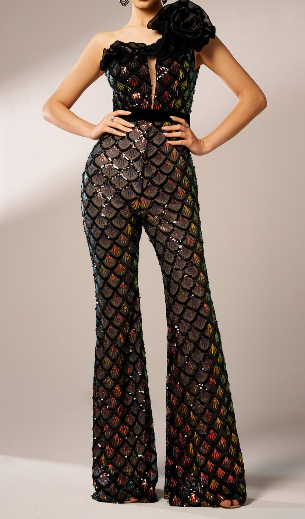 MERMAID SCALE SEQUIN ONE-SHOULDER JUMPSUIT