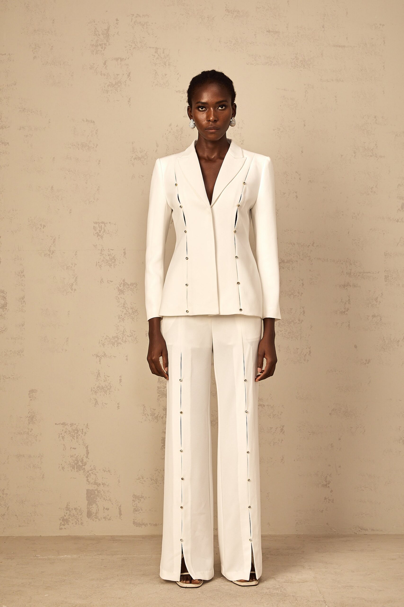 WHITE DIAMOND STUD HOLLOW OUT BLAZER SET