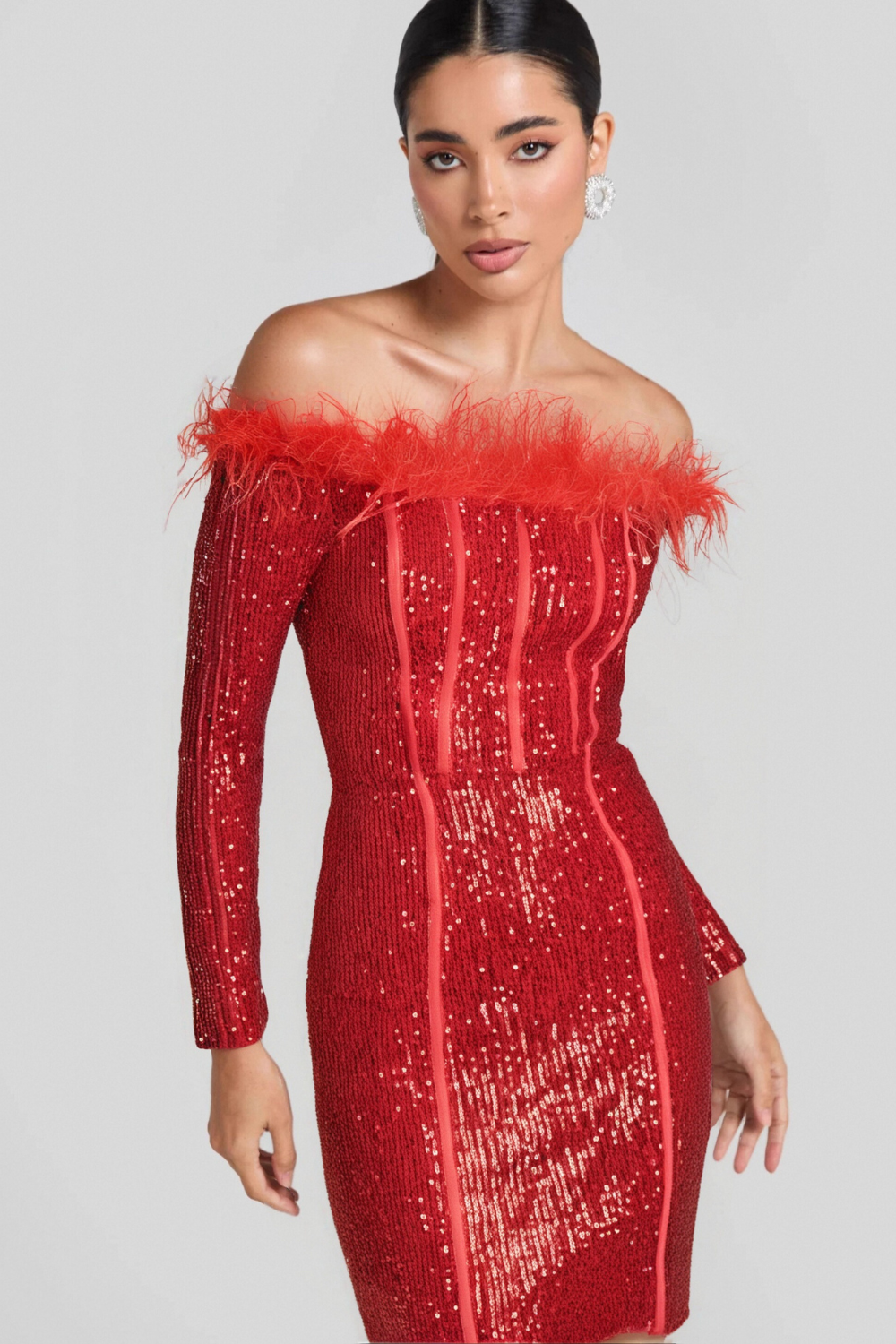 RED FEATHER SEQUIN LONG SLEEVE PARTY DRESS