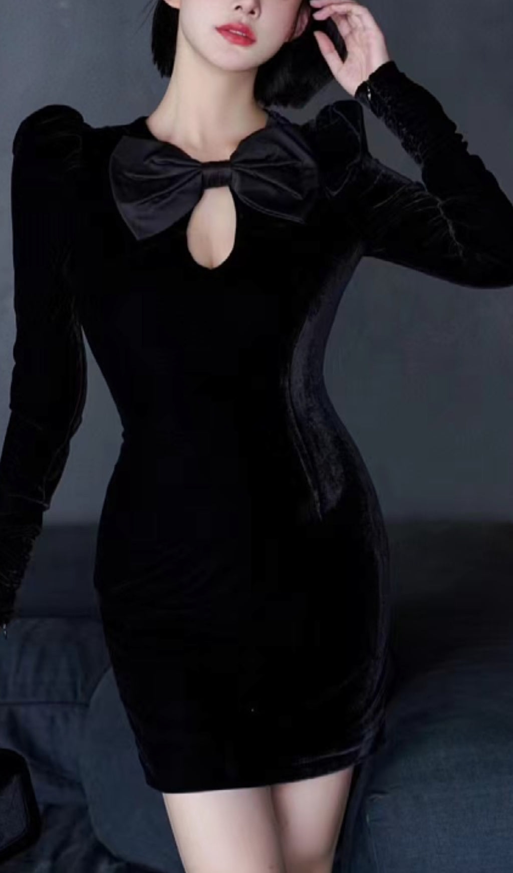 BLACK VELVET BOW LONG SLEEVE MINI DRESS