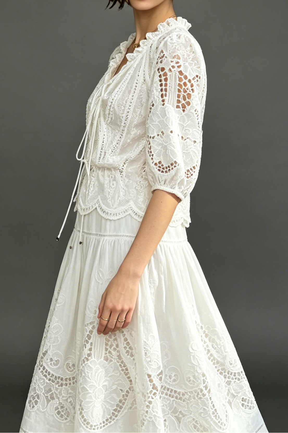 WHITE EYELET TIERED MAXI DRESS WITH PUFF SLEEVES