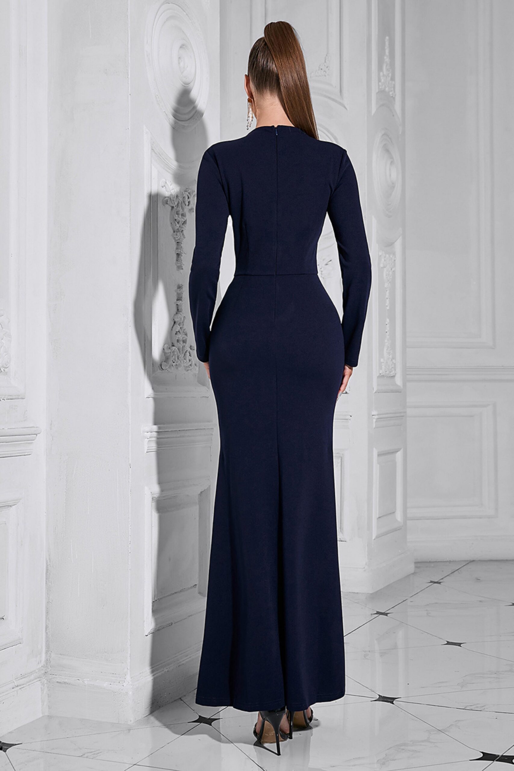 LONG SLEEVE SPLIT MAXI DRESS DARK BLUE PARTY