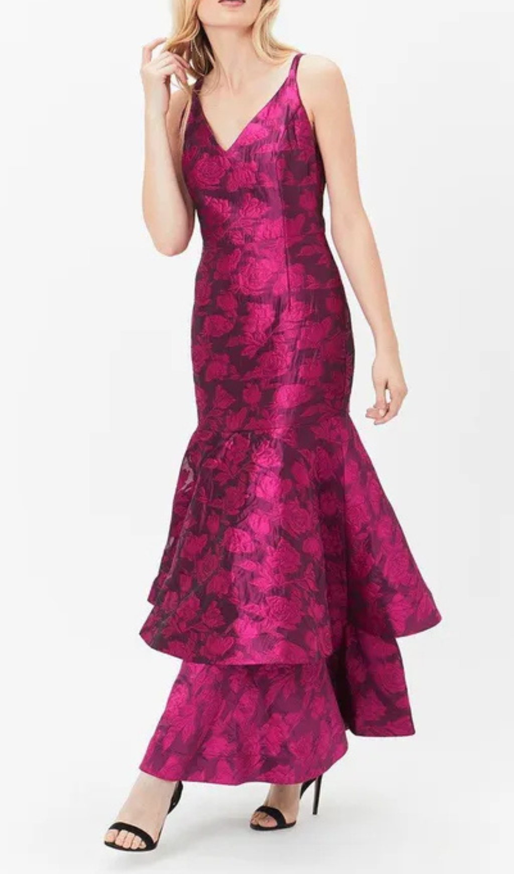 LAYERED JACQUARD RED MAXI DRESS FOR EVENTS