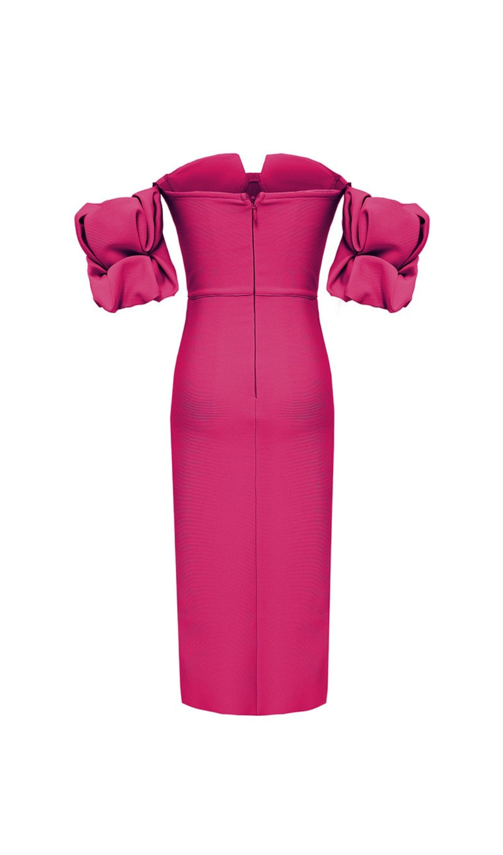 STRAPLESS DRAPE SLEEVE SLIT BANDAGE DRESS ROSE RED