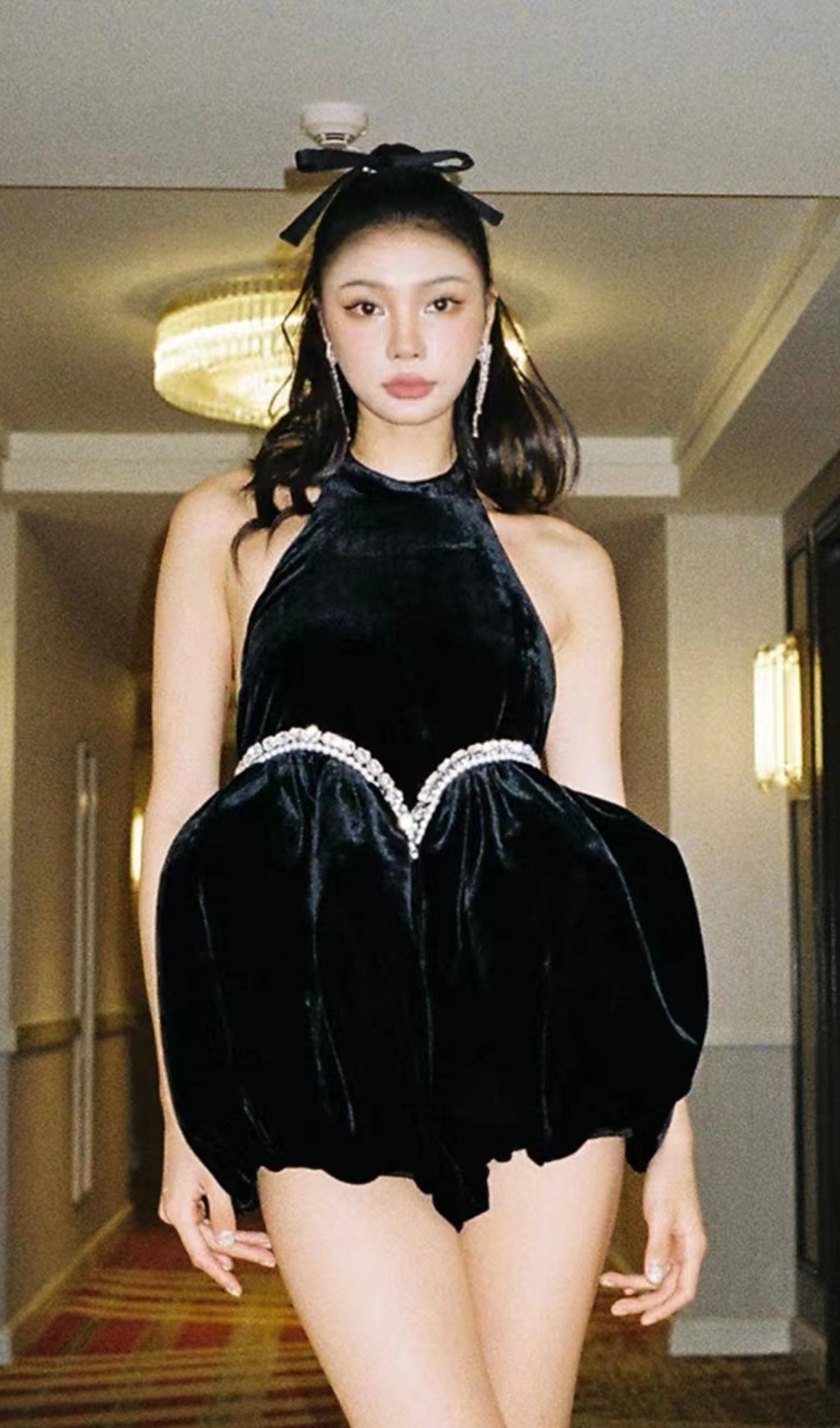 VELVET HALTERNECK MINI DRESS, BLACK COCKTAIL PARTY