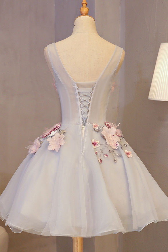 SATIN FLORAL MINI PROM DRESS