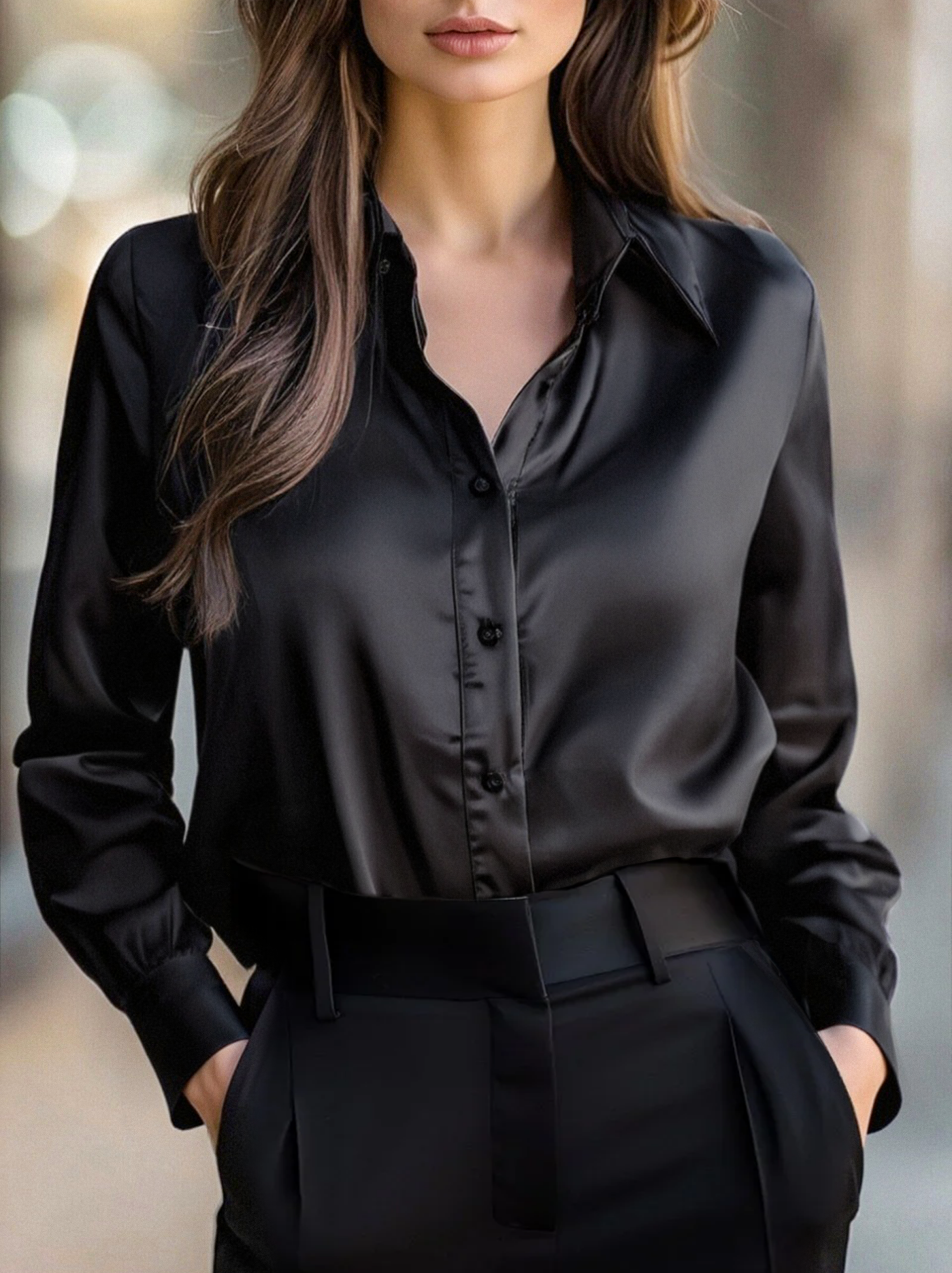 2_2_1628c3e5-a95e-4bbc-9dd4-78a3f83efffd ELEGANT BLACK SATIN LONG SLEEVE BLOUSE