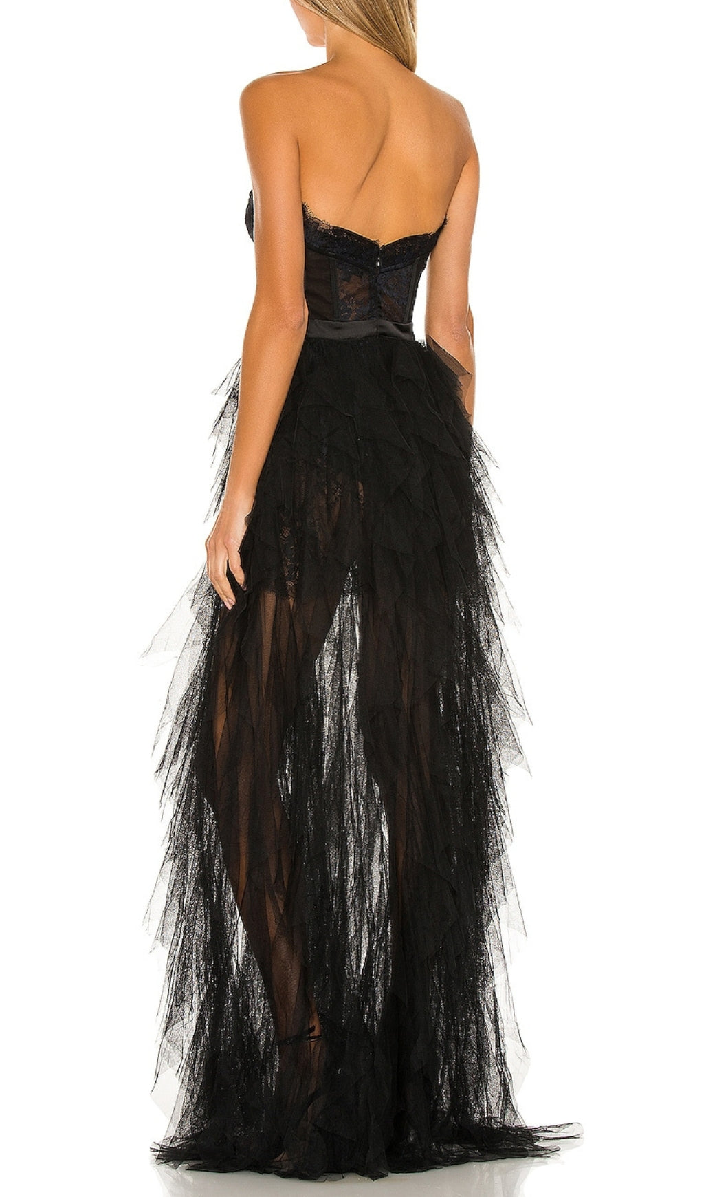 BLACK STRAPLESS LACE MESH MAXI DRESS