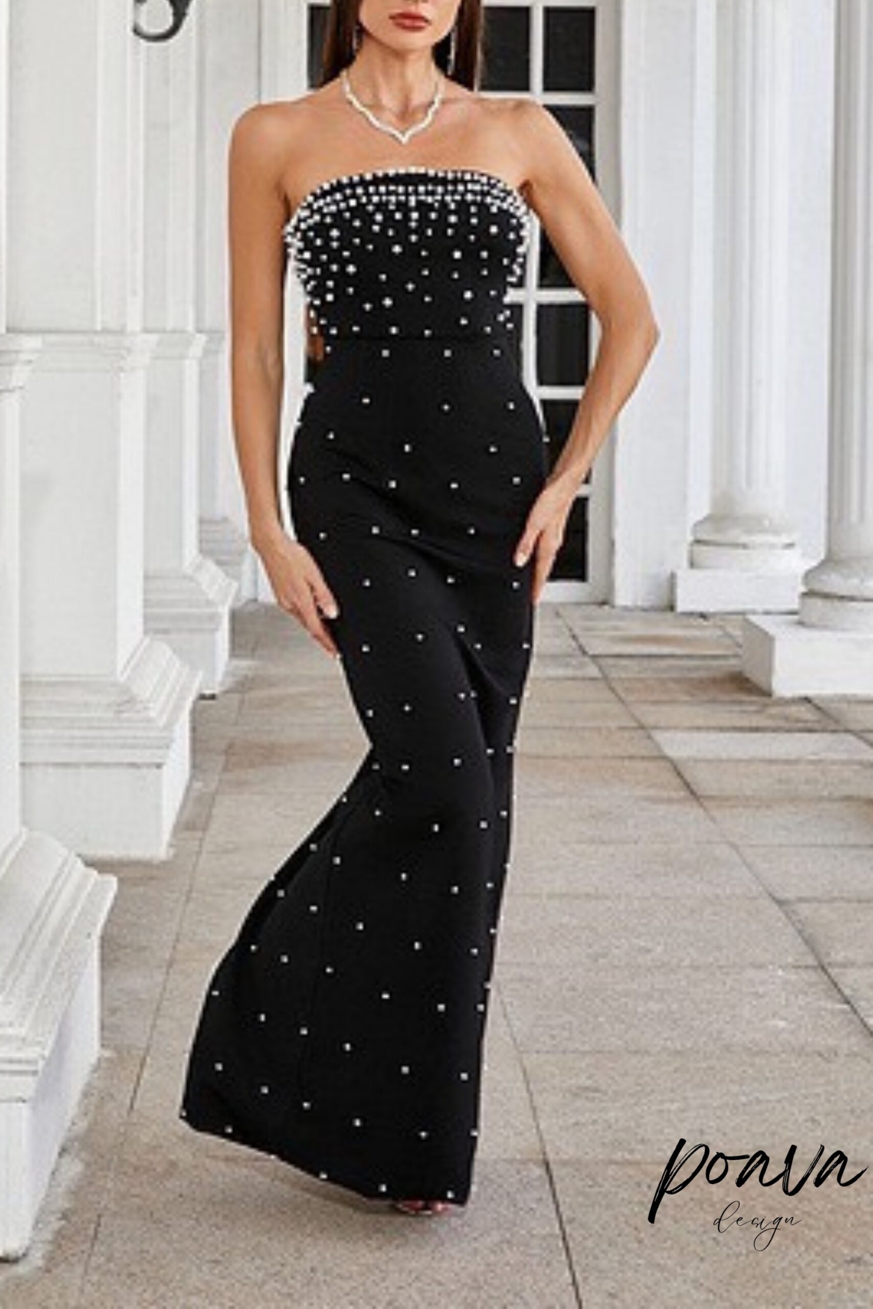 PEARL STRAPLESS GOWN, BLACK EVENING DRESS
