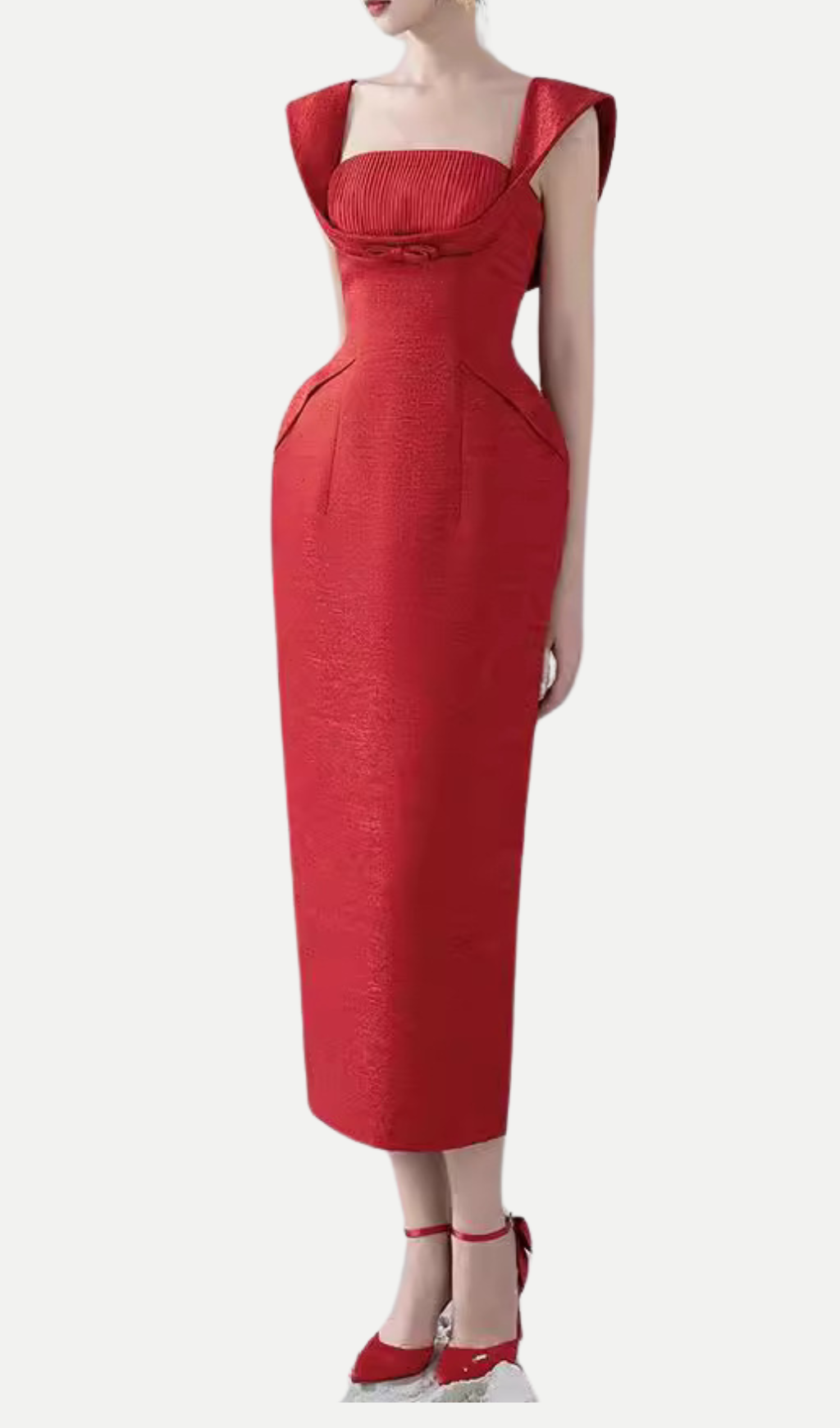 SQUARE NECK BOW MIDI DRESS - RED, DATE NIGHT