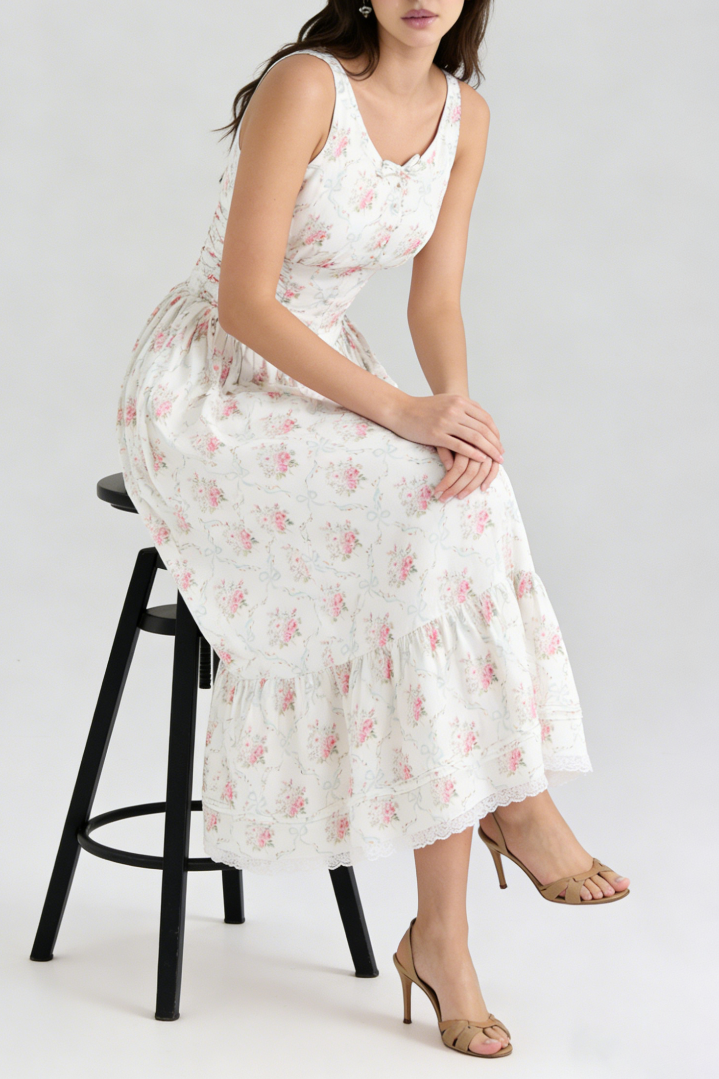 HEDY ELASTIC TIE-WAIST PRINTED MIDI DRESS PINK