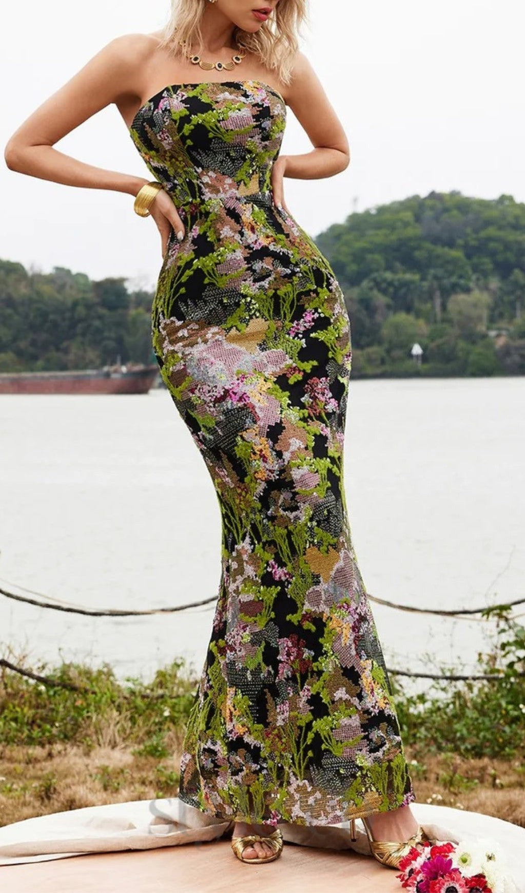 STRAPLESS FLORAL SEQUIN MAXI DRESS FOR PARTIES