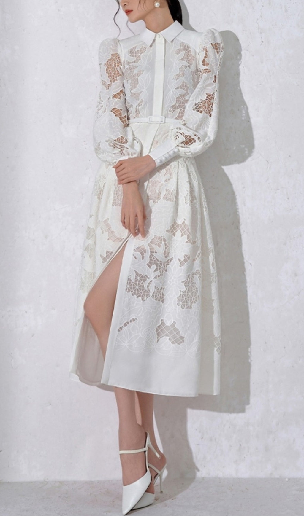 WHITE LACE MIDI DRESS FOR WEDDING GUEST
