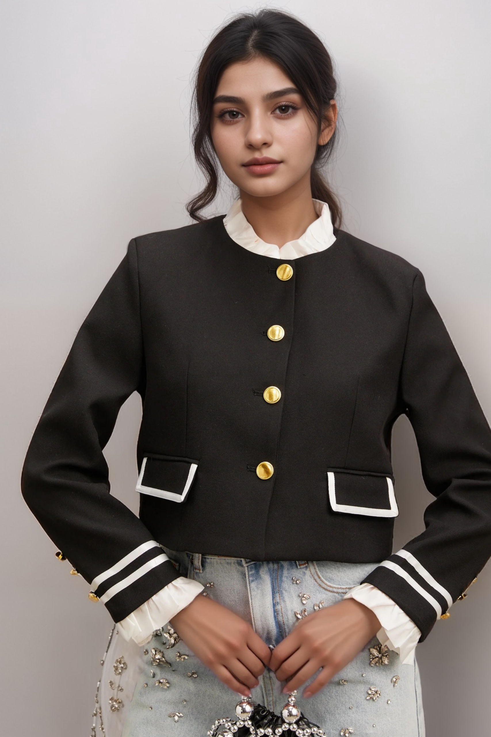 GÉRALDINE BLACK RUFFLE JACKET, BLAZER STYLE, EVENING