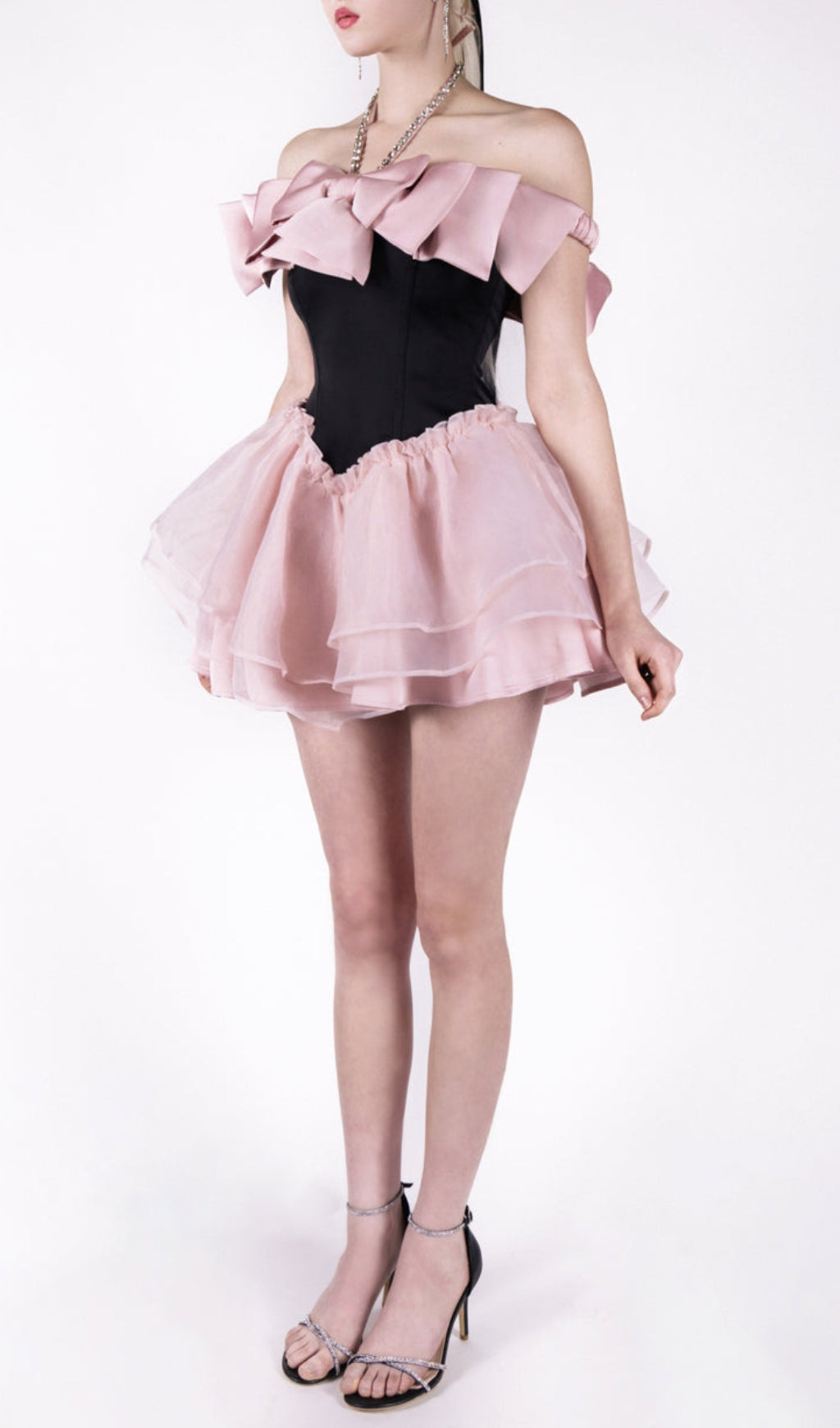 BLACK PINK BOW RHINESTONE FLARE PARTY DRESS