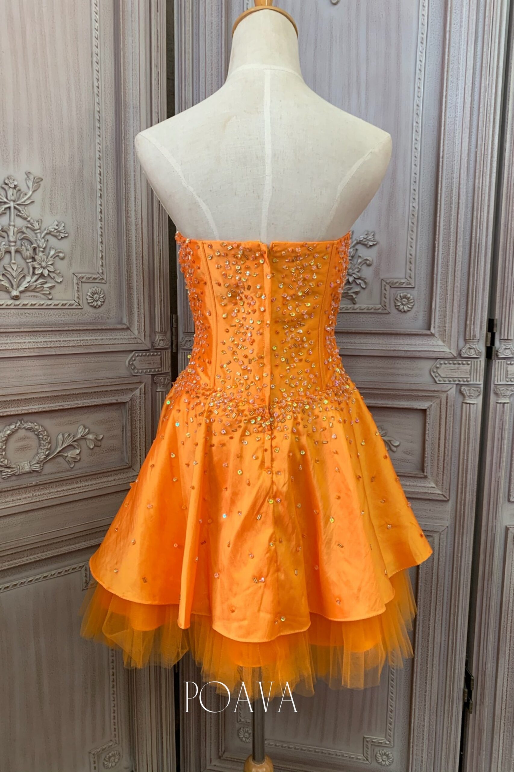 EMBELLISHED ORANGE MINI STRAPLESS COCKTAIL DRESS