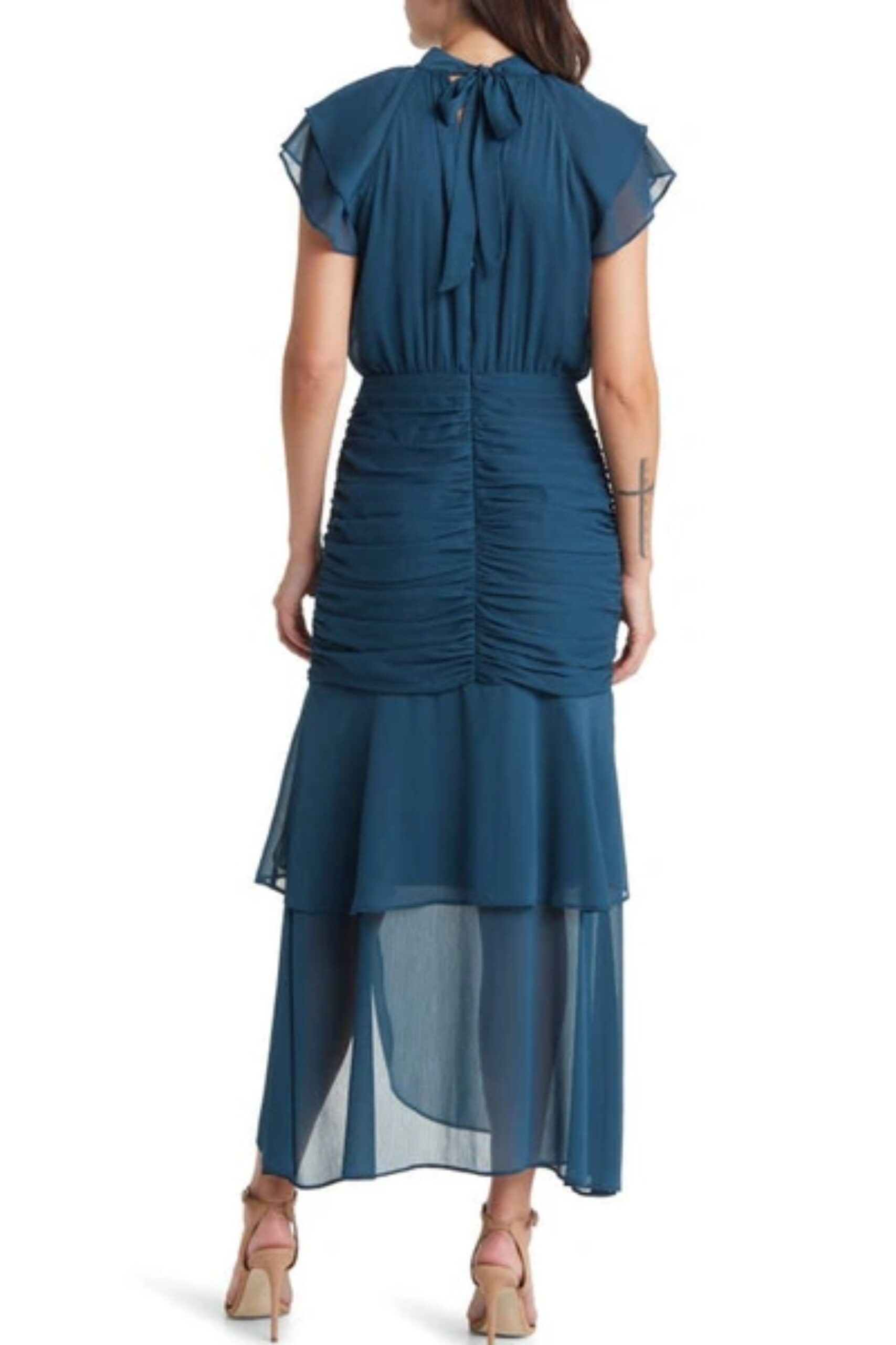 RUCHED RUFFLE TEAL CHIFFON MAXI DRESS