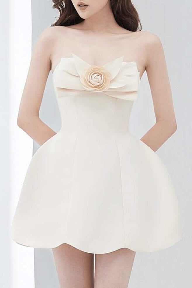 CREAM STRAPLESS MINI DRESS, 3D FLORAL BOW, SCALLOPED HEM