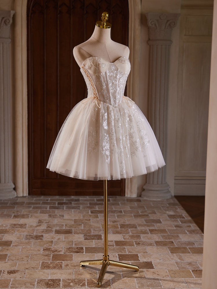 A-LINE TULLE LACE CHAMPAGNE MINI PROM DRESS