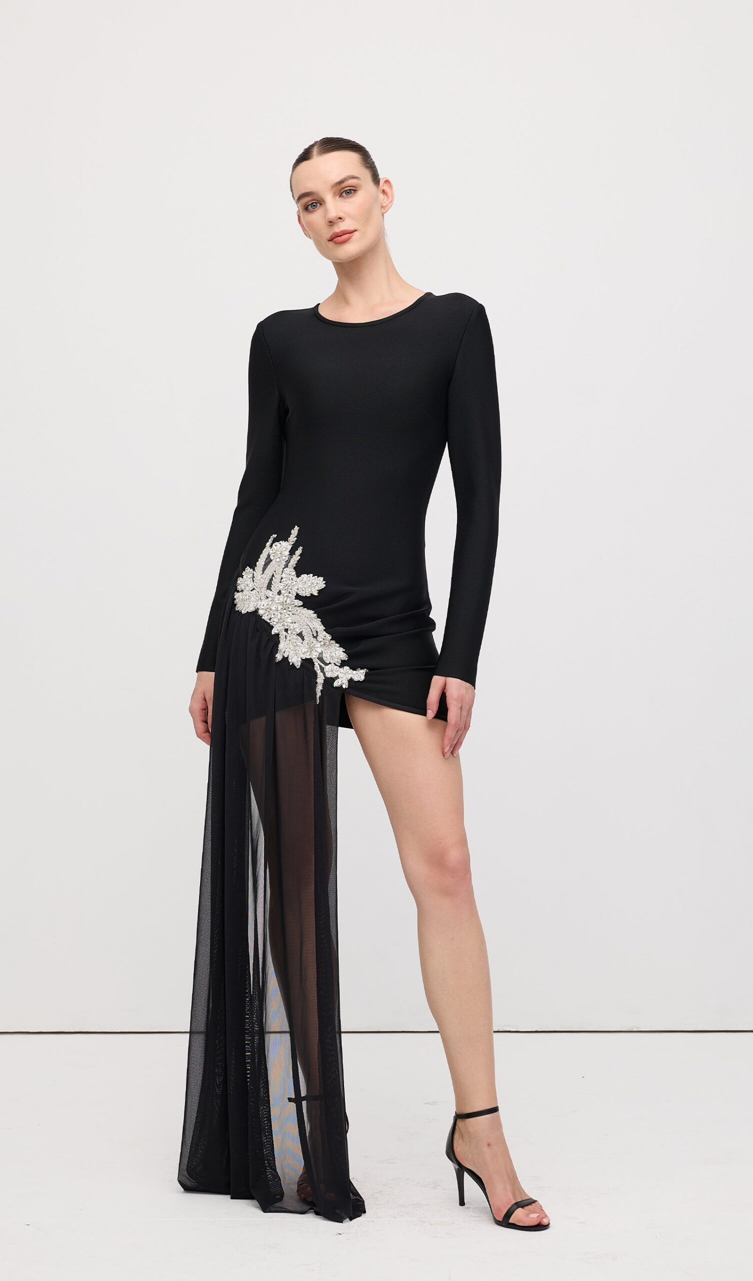REBECCA BLACK ASYMMETRICAL RHINESTONE MINI DRESS