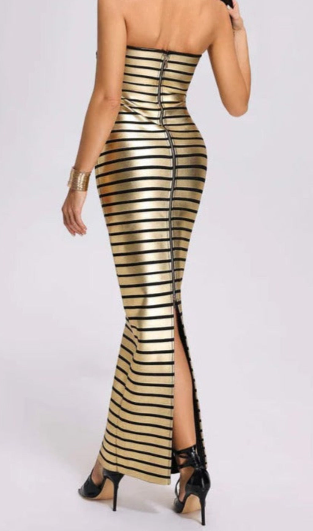 STRAPLESS METALLIC STRIPE MAXI DRESS, EVENING PARTY