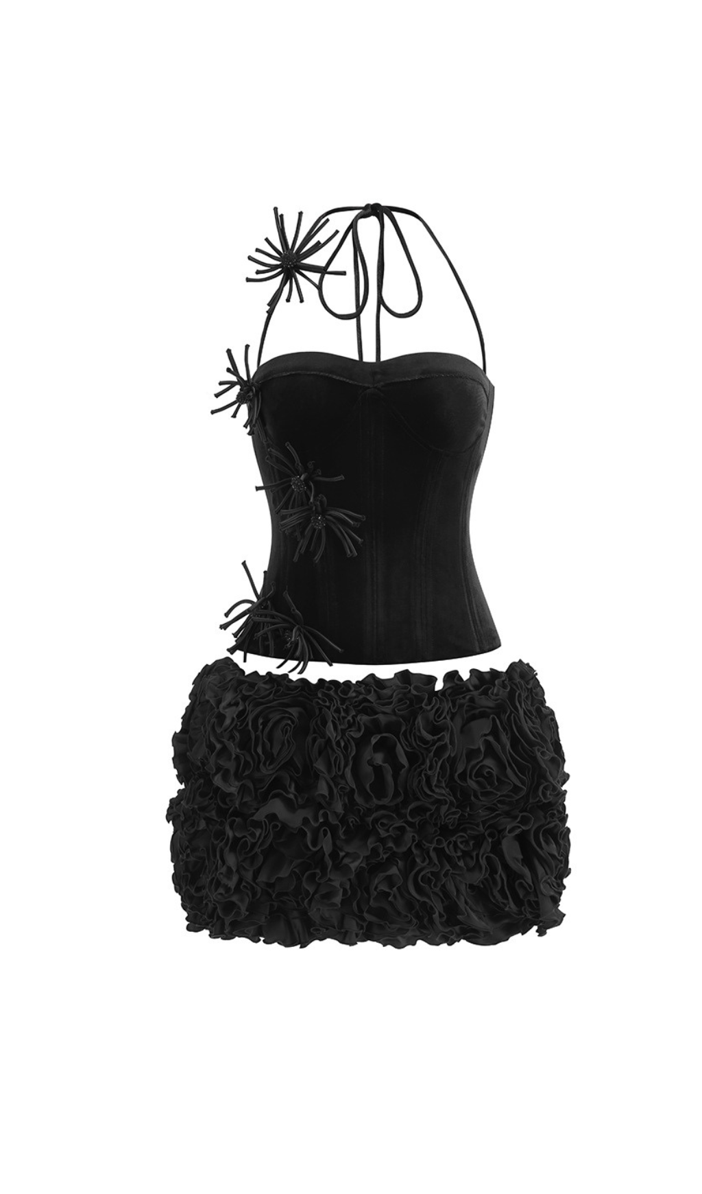 VELVET CORSET FLORAL MINI SKIRT SUIT BLACK