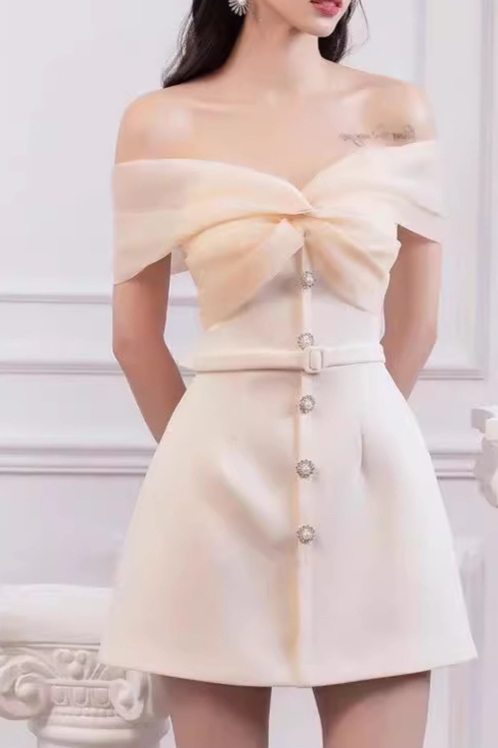 PEARL BUCKLE OFF-SHOULDER MINI DRESS