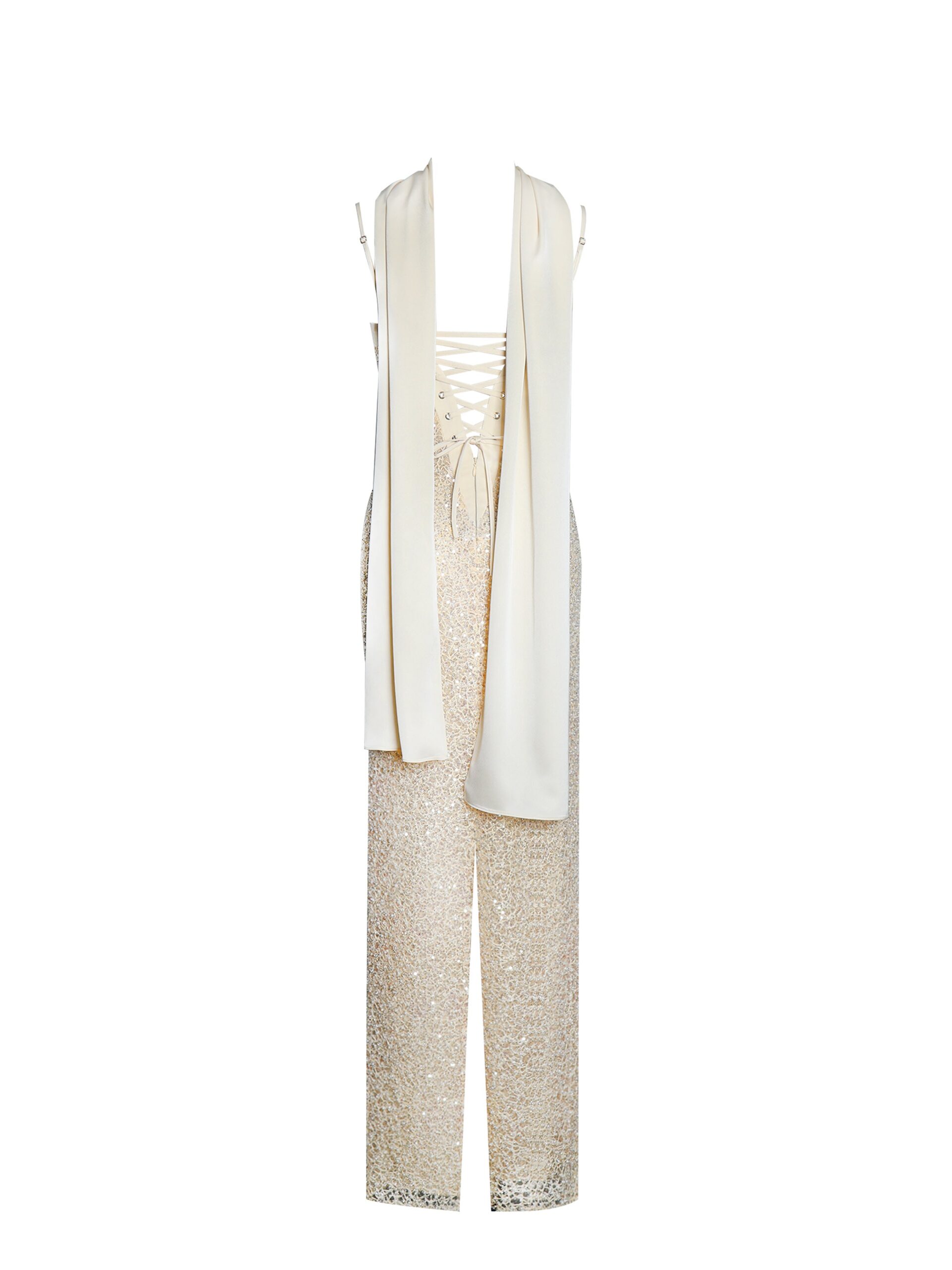 GOLD BEADED SEQUIN BODYCON GOWN WITH SCARF