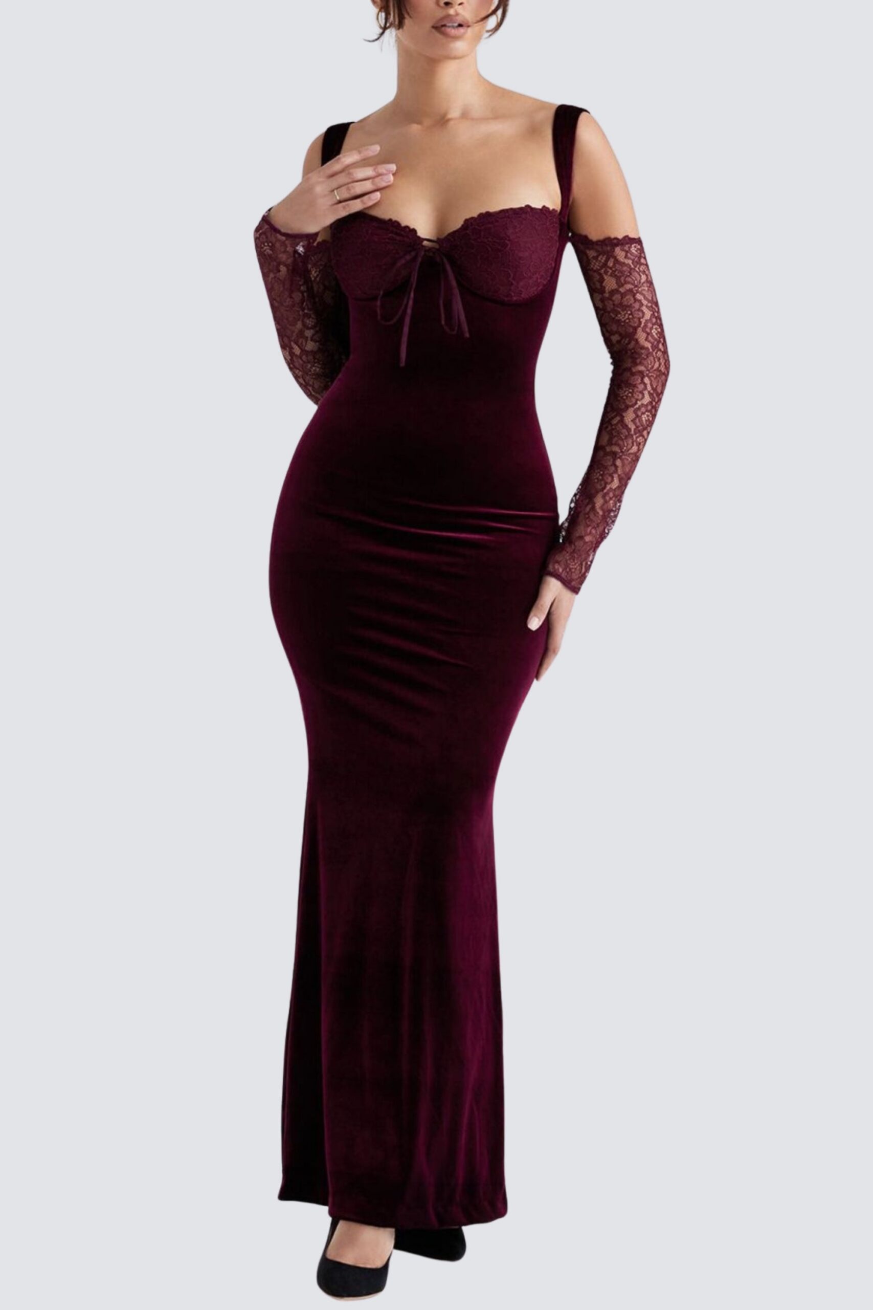 BLACK CHERRY VELVET MAXI DRESS FOR EVENING