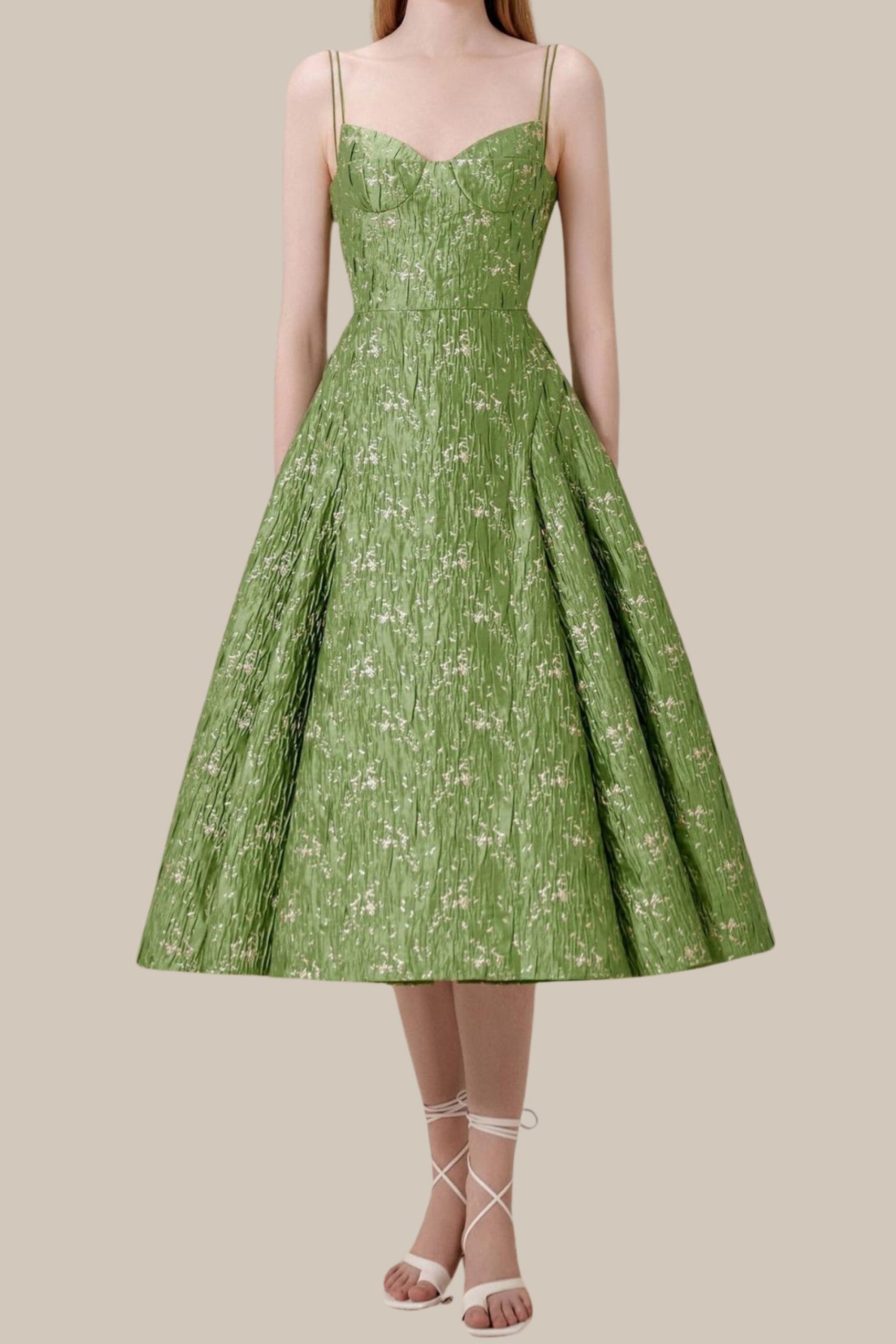 VINTAGE GREEN SUSPENDER JACQUARD MIDI DRESS