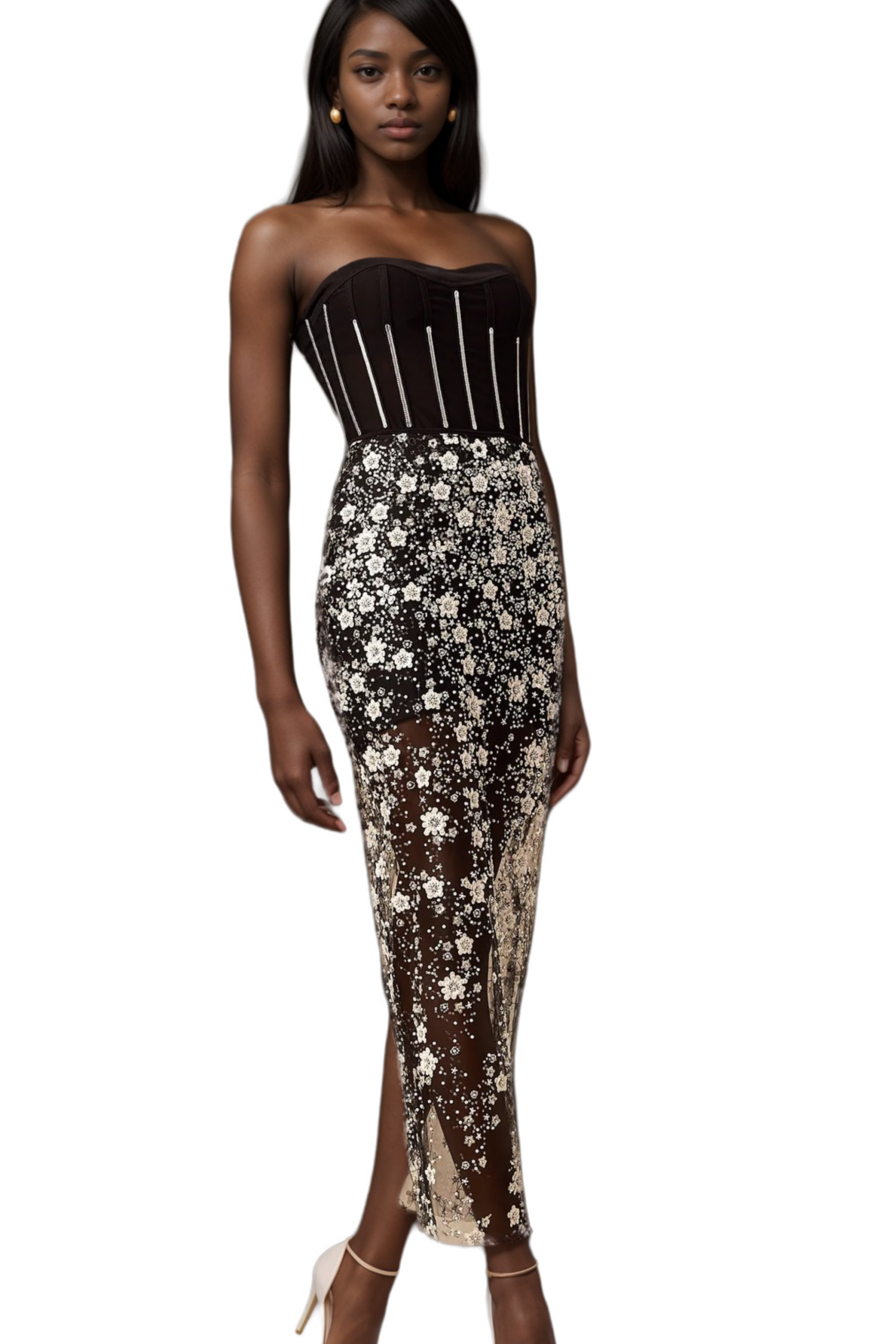 OPHÉLIE BLACK SEQUIN CORSET MIDI DRESS