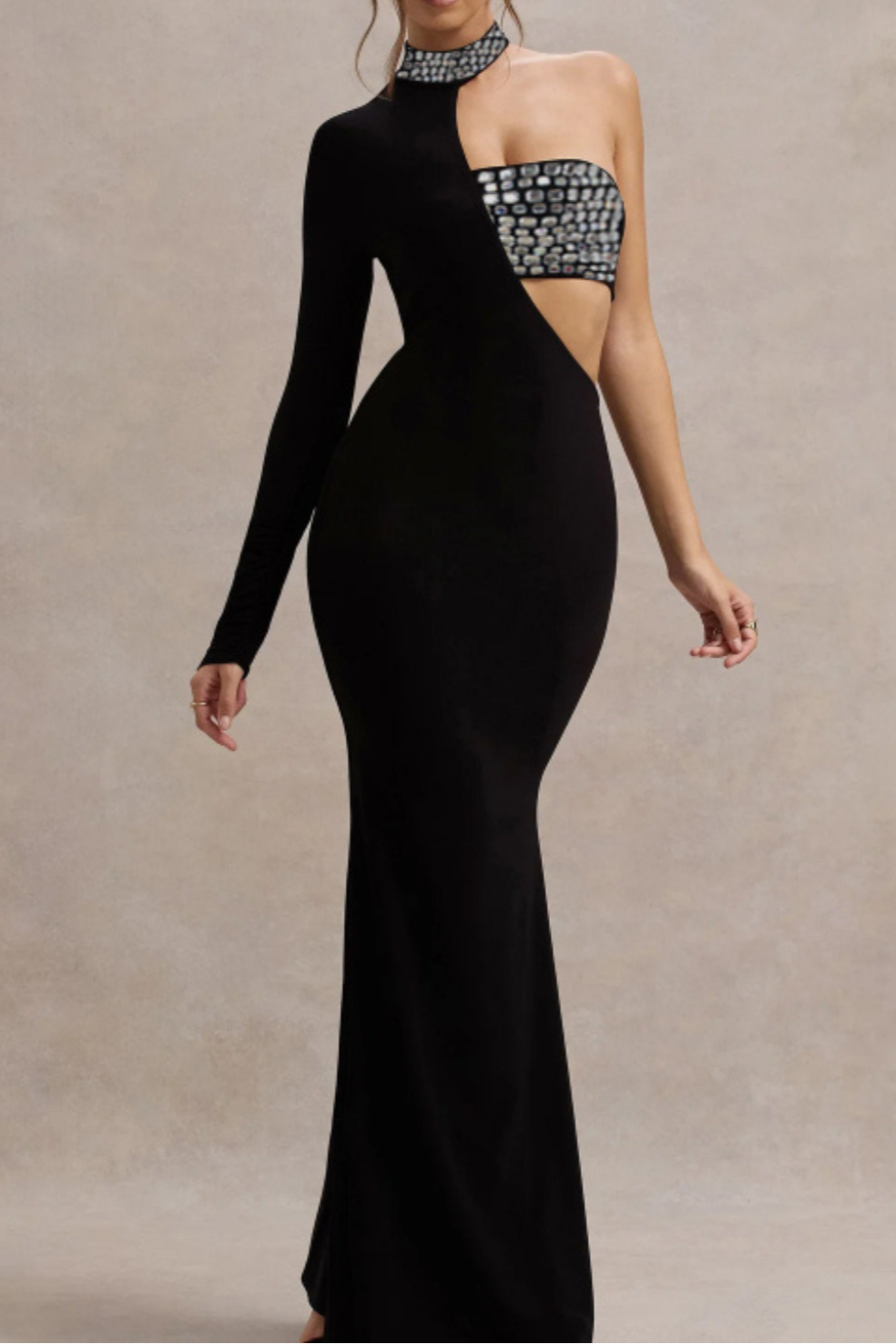 2_45fc7aa1-b21d-44b0-8865-983bd4922c76 CRYSTAL ONE-SLEEVE CUT-OUT MAXI DRESS, BLACK