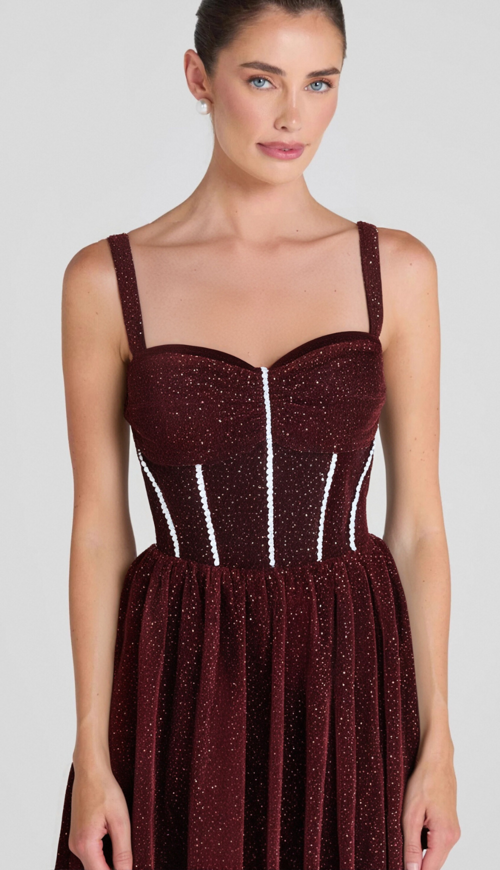 RUCHED BUST MESH RHINESTONE CAMI DRESS