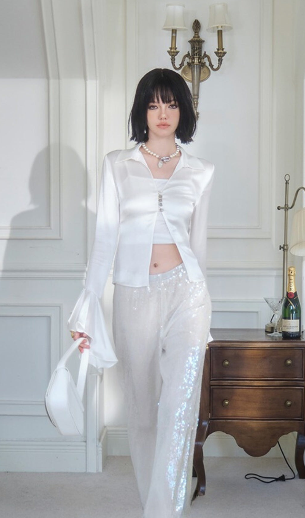 WHITE SATIN RUFFLE BLOUSE FOR WEDDING GUEST