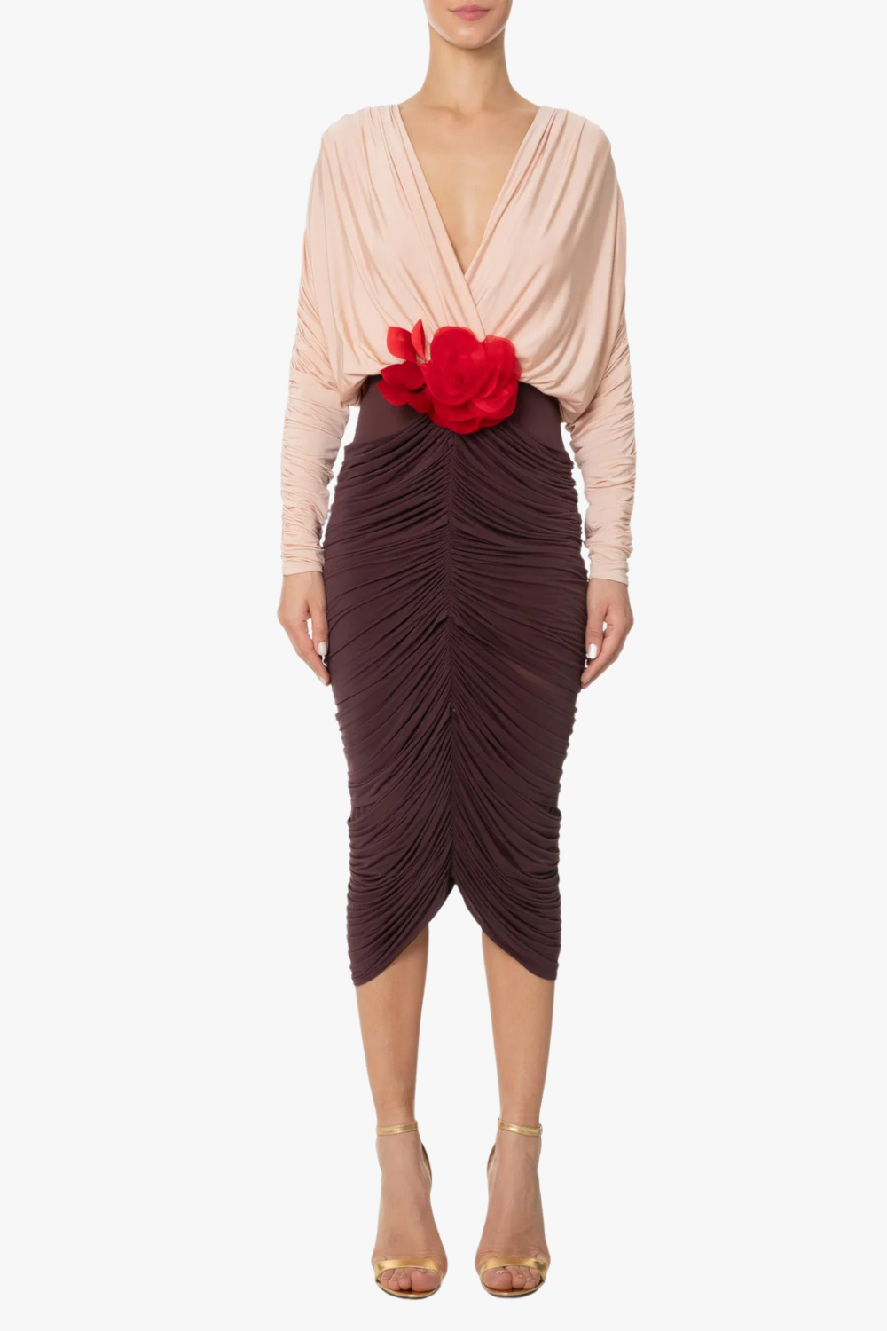 2_4a463e45-8202-4d87-ac13-a2c46470241e LONG SLEEVE TWO-TONE PLEATED MIDI DRESS BROWN