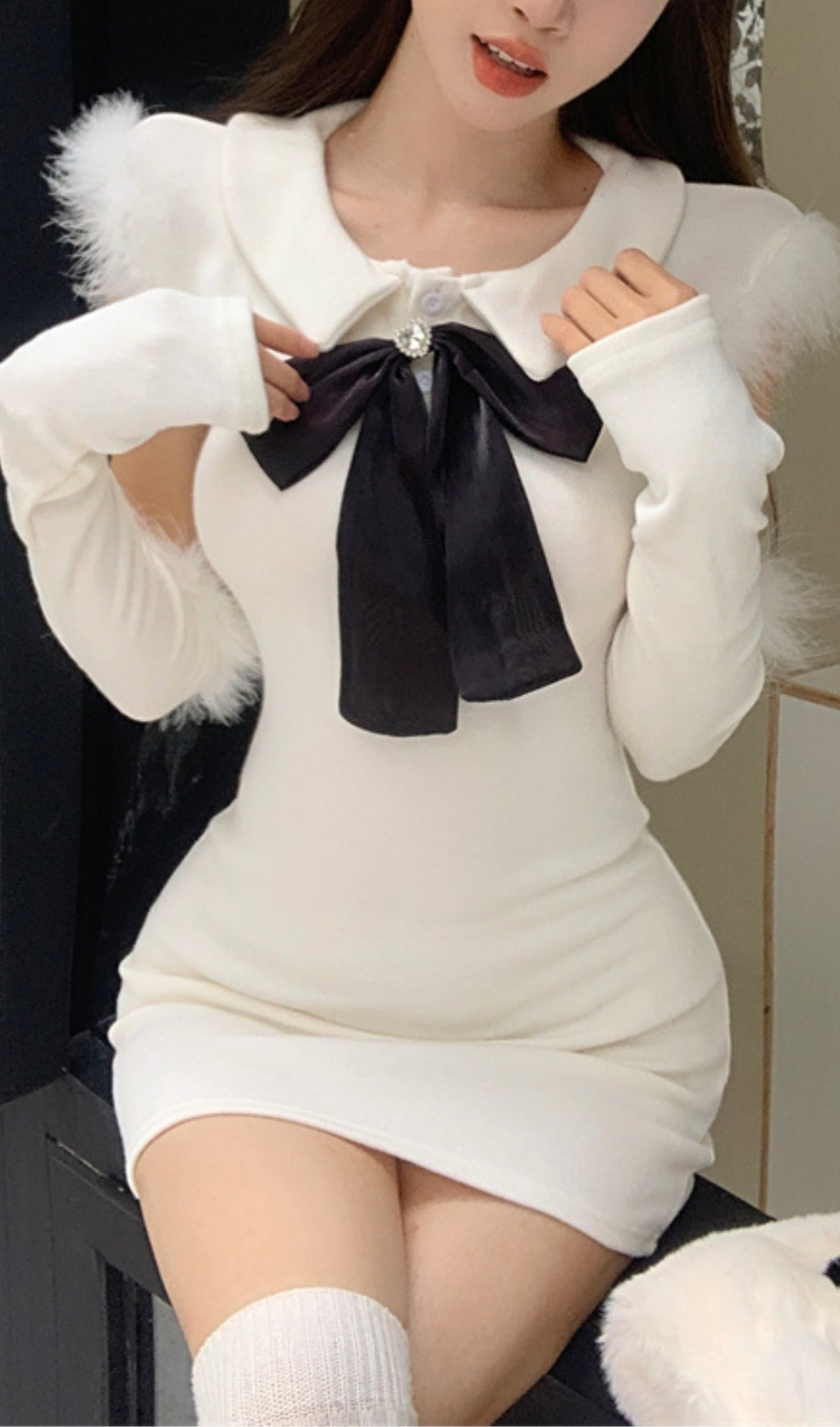 KNITTED BOW MINI DRESS FOR PARTY