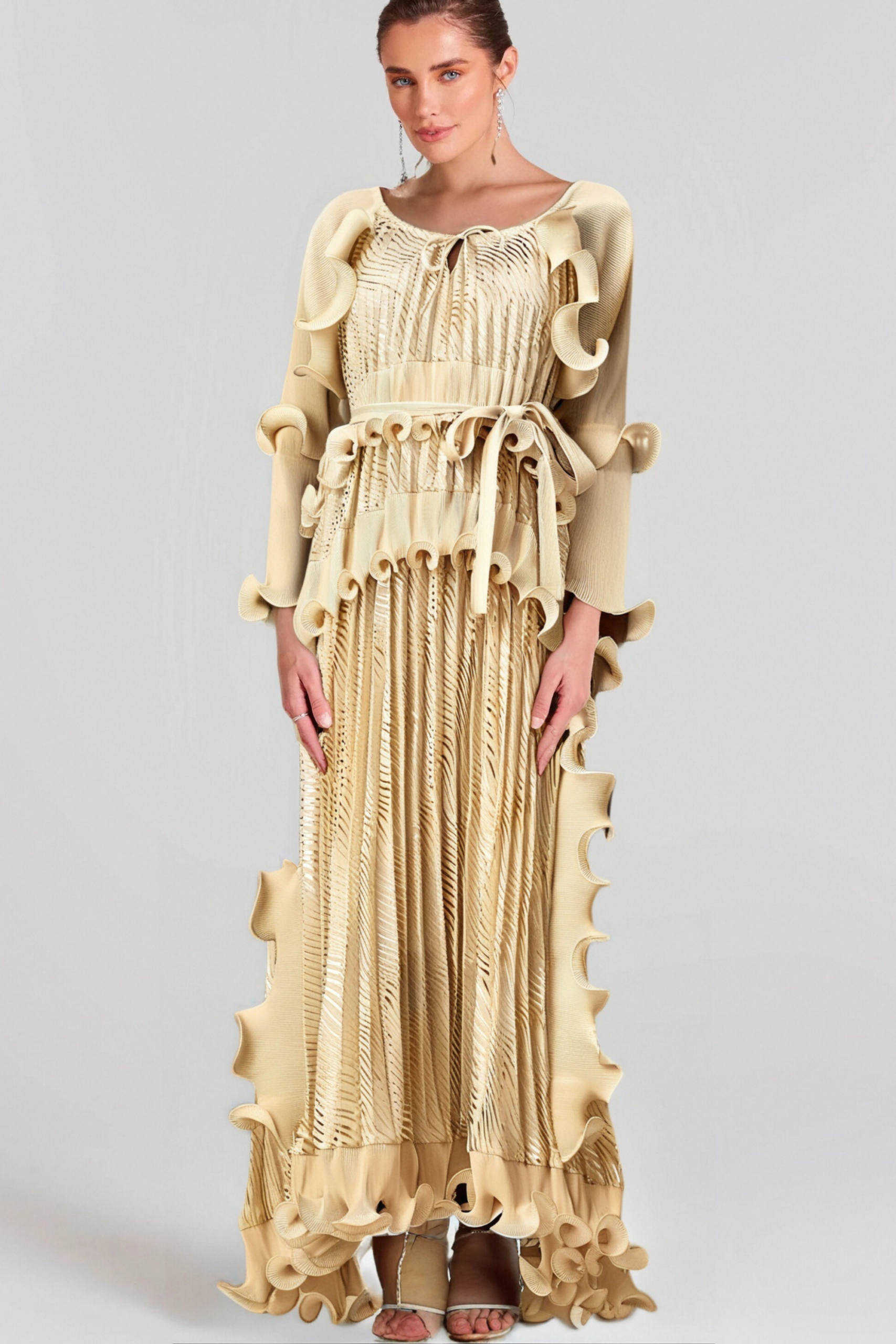 2_4d03dc41-2253-44f9-9c78-4f5a43b6f39f GILDED RUFFLED MIDI DRESS, NEUTRAL ELEGANCE