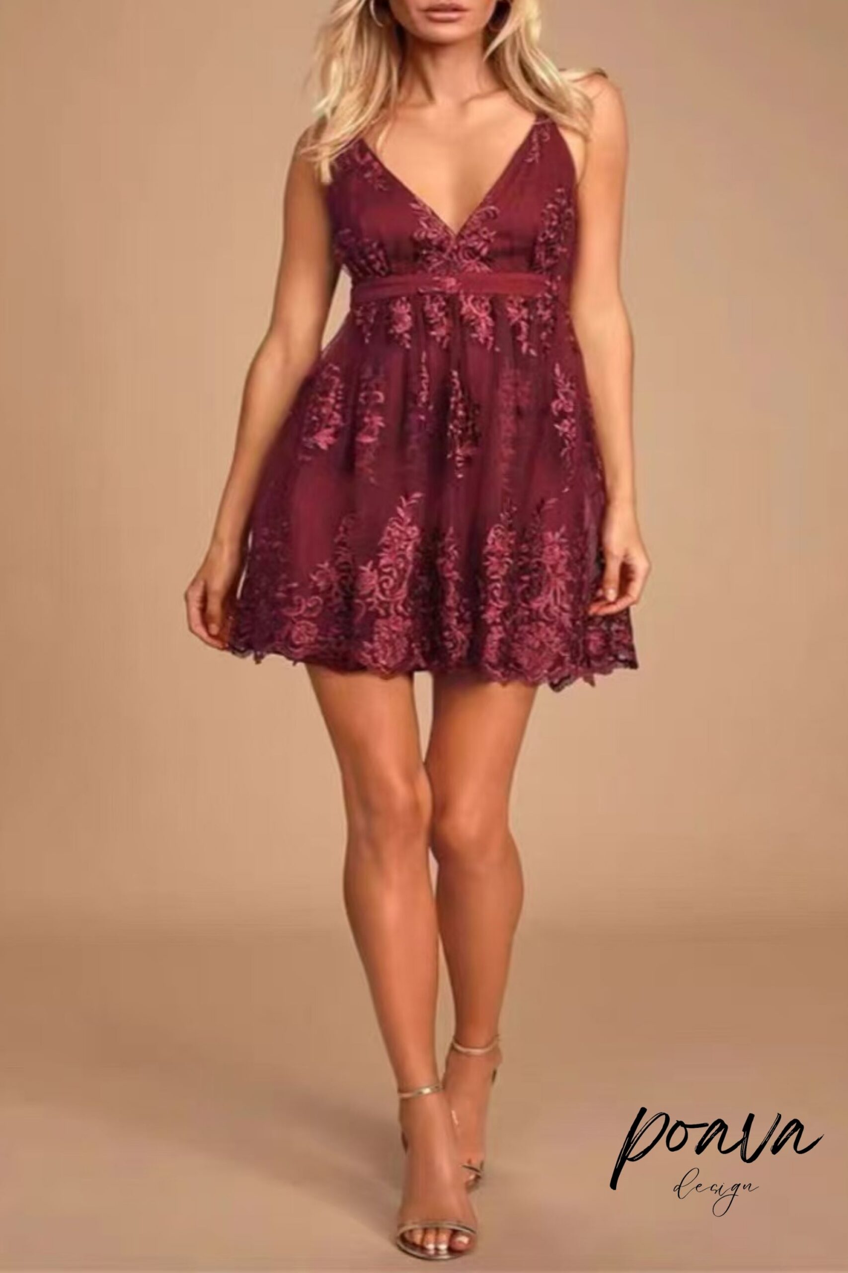 V-NECK TULLE LACE SHORT BURGUNDY PROM DRESS