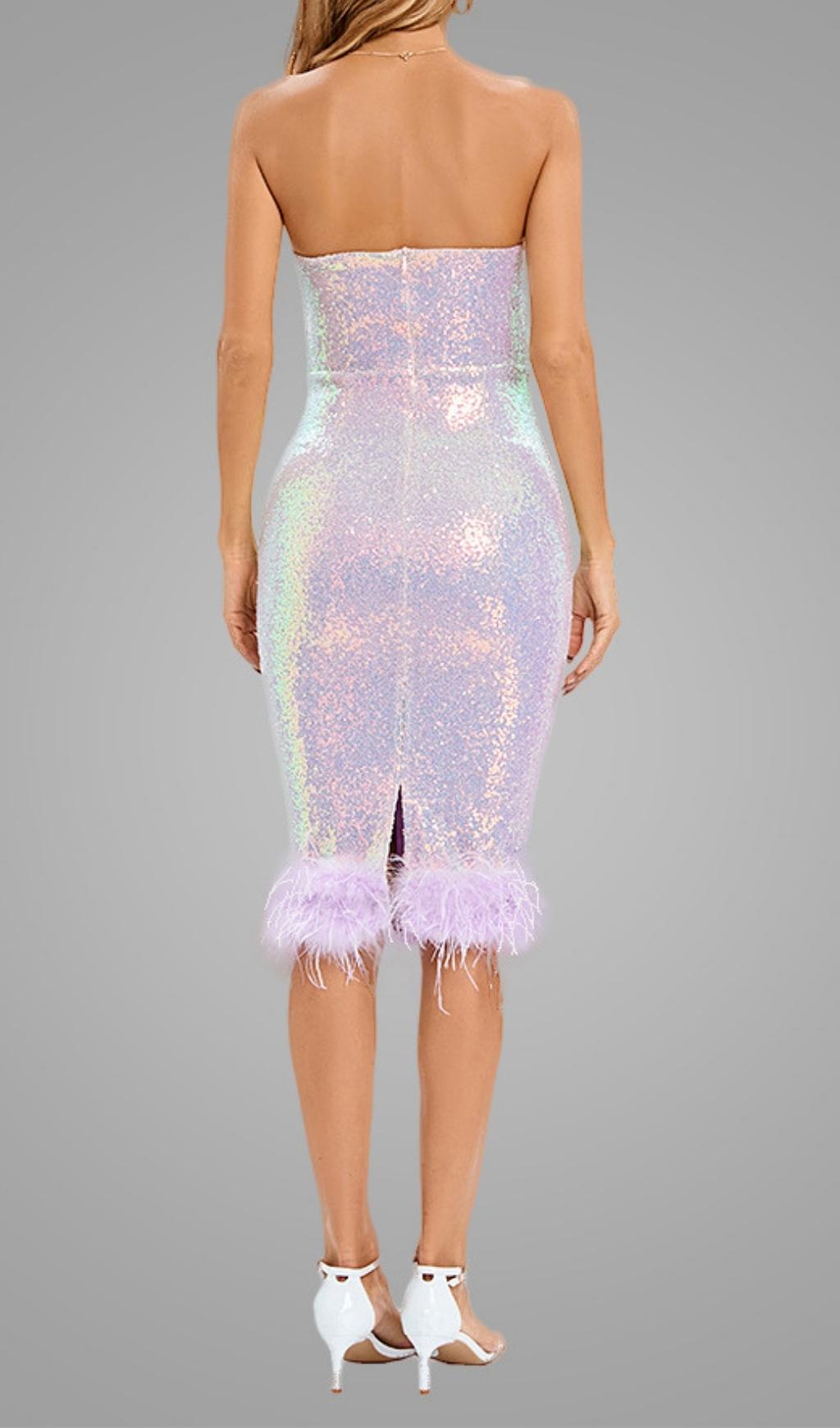 FEATHER SEQUIN PURPLE MIDI DRESS FOR PARTY