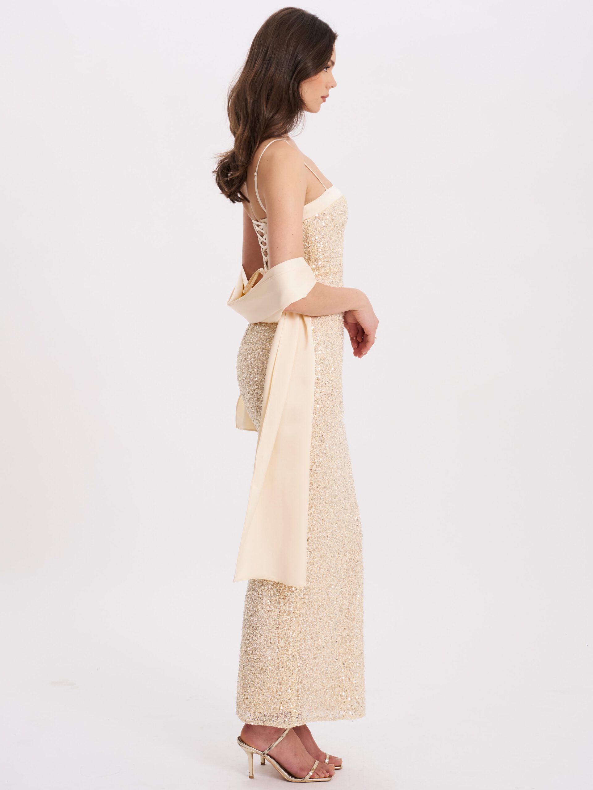 GOLD BEADED SEQUIN BODYCON GOWN WITH SCARF