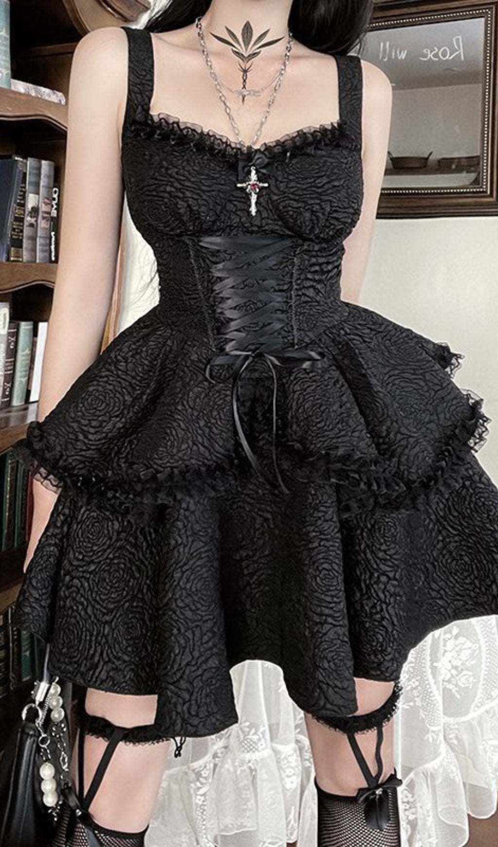 BLACK TEXTURED SUSPENDER MINI DRESS FOR PARTY