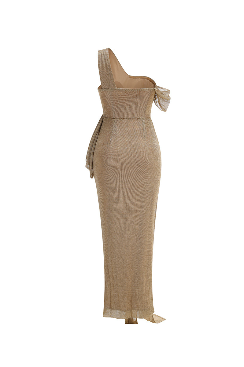 ONE-SHOULDER DRAPED BODYCON KHAKI MAXI DRESS